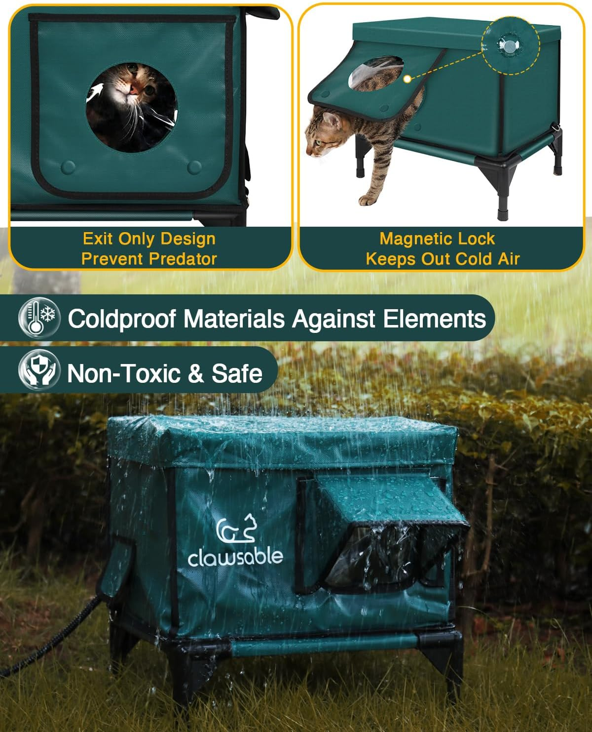 Clawsable Premium Heated Cat House for outside Winter, 100% Weatherproof, Safe Escape Door, Insulated Outdoor Cat House Shelter with Heater for Feral Barn Cat Kitty (Dark Forest Green, Small) image number 4