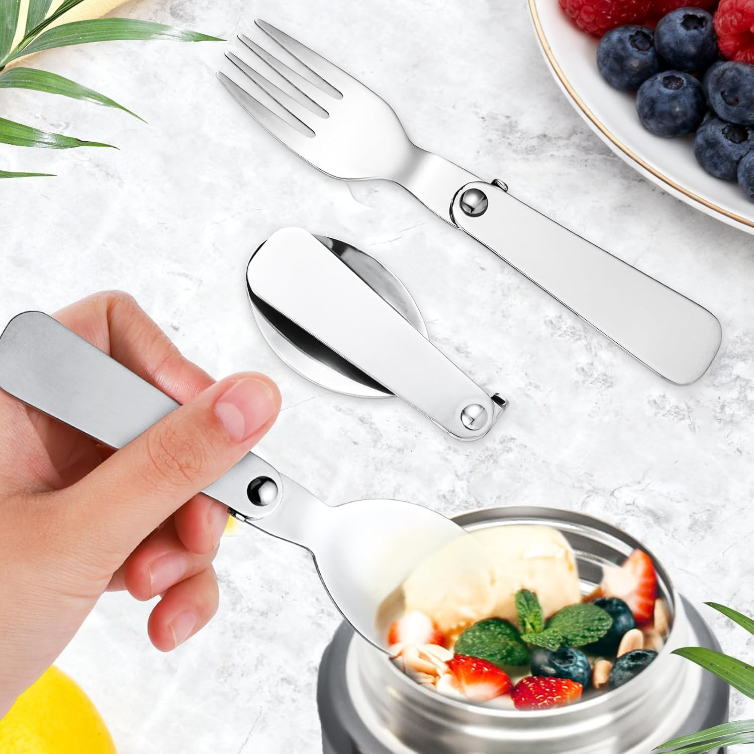 3Pcs Folding Spoon & 3Pcs Folding Forks for Thermos Funtainer 10Oz Food Jar, Stainless Steel Portable Replacement Utensils for Travel Camping Picnic Outdoor Activities
