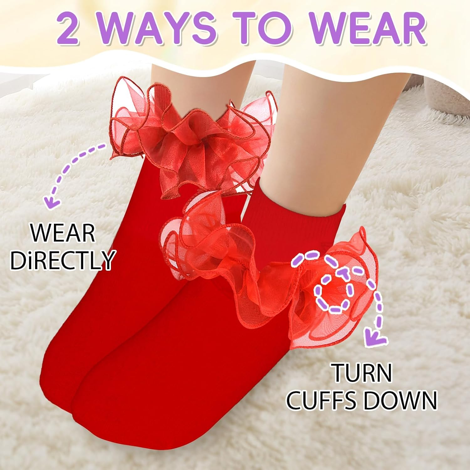 3 Pairs Girls Ruffle Lace Socks | Frilly Dress Socks with Big Turn Cuff for 1-3/4-6/6-8/8-10 Years Old Girls Kids | Cotton White Black Red image number 6