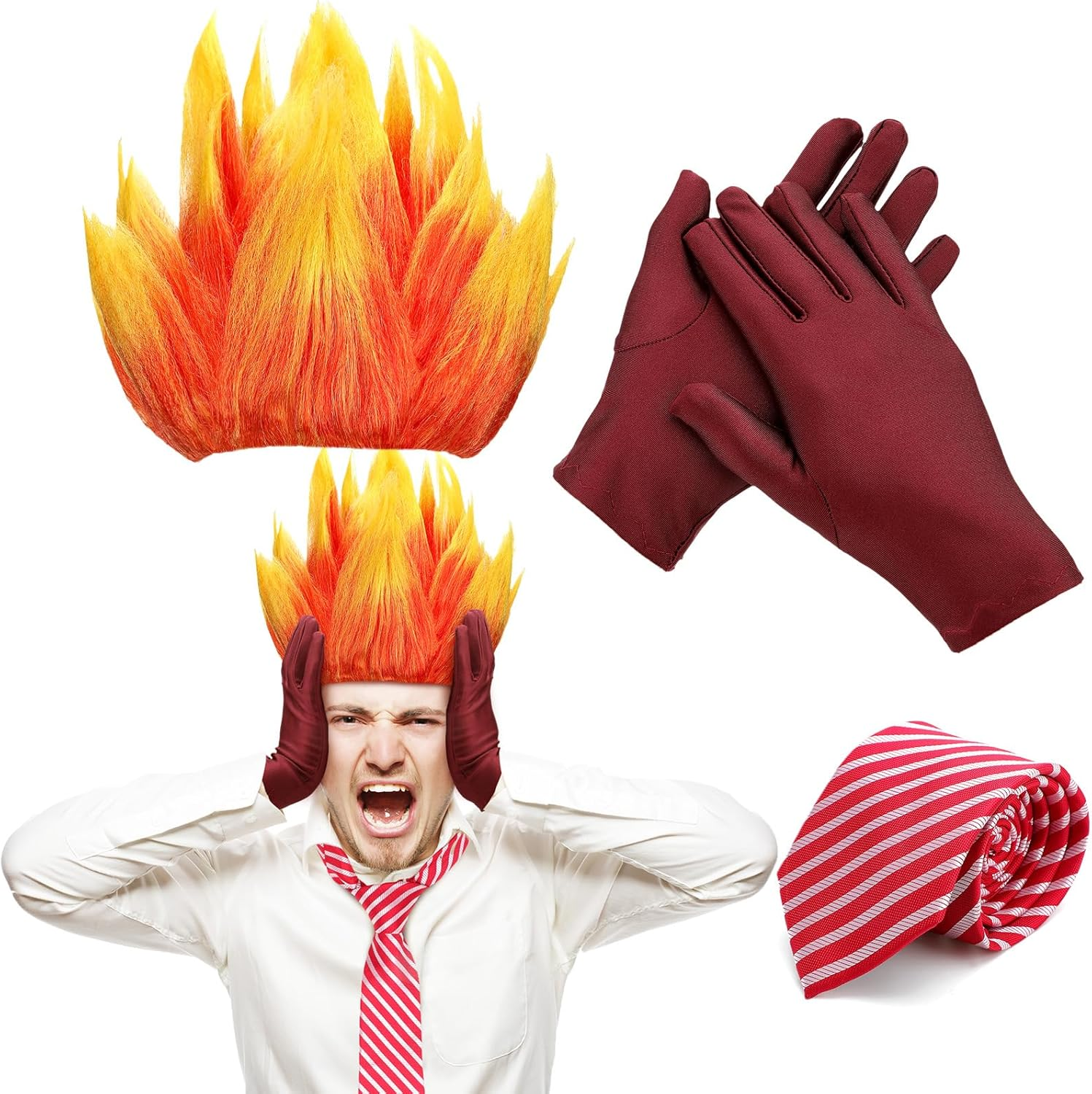 Toulite 3 Pcs Halloween Anger Dress up Set Included 2 Toned Flame Wig Red Textured Tie Red Gloves Halloween Cosplay Costume for Men Adult Party Supplies image number 5