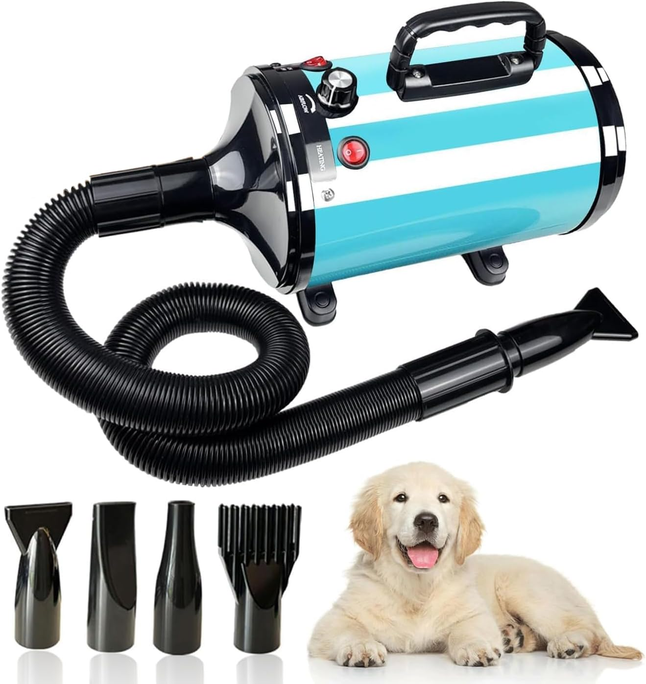 Dog Hair Dryer,5.2Hp/ 3800W High Velocity Blow Dryer for Dogs Pet Grooming,Low Noise Speed Temperature Adjustable Pet Grooming Dryer with 4 Nozzles, Blue image number 6