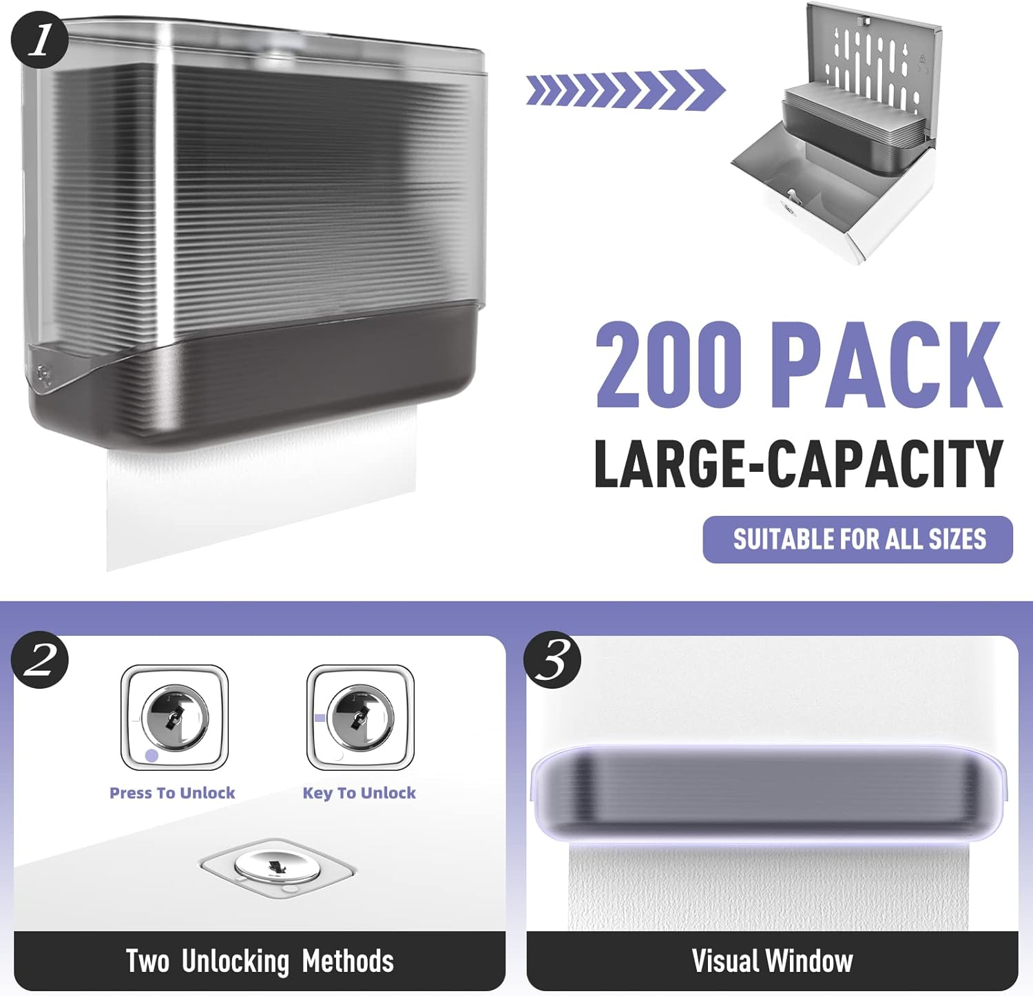 Bertreno Commercial Paper Towel Dispenser Wall Mount Paper Towel Holder Large Capacity 200 Multifold/Trifold/C Fold Hand Towel Dispenser Bathroom Tissue Dispenser (White) - Grey image number 4