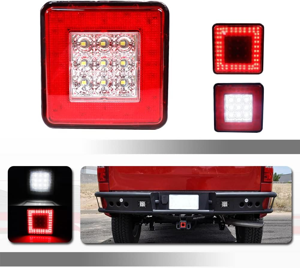 Tonsya 3-In-1 Smoked Lens Universal LED Hauling 2" Receiver Compatible with Truck SUV RV Trailer Rear Bumper Driving Lamp Brake Tail Reverse Tow Hitch Cover Light