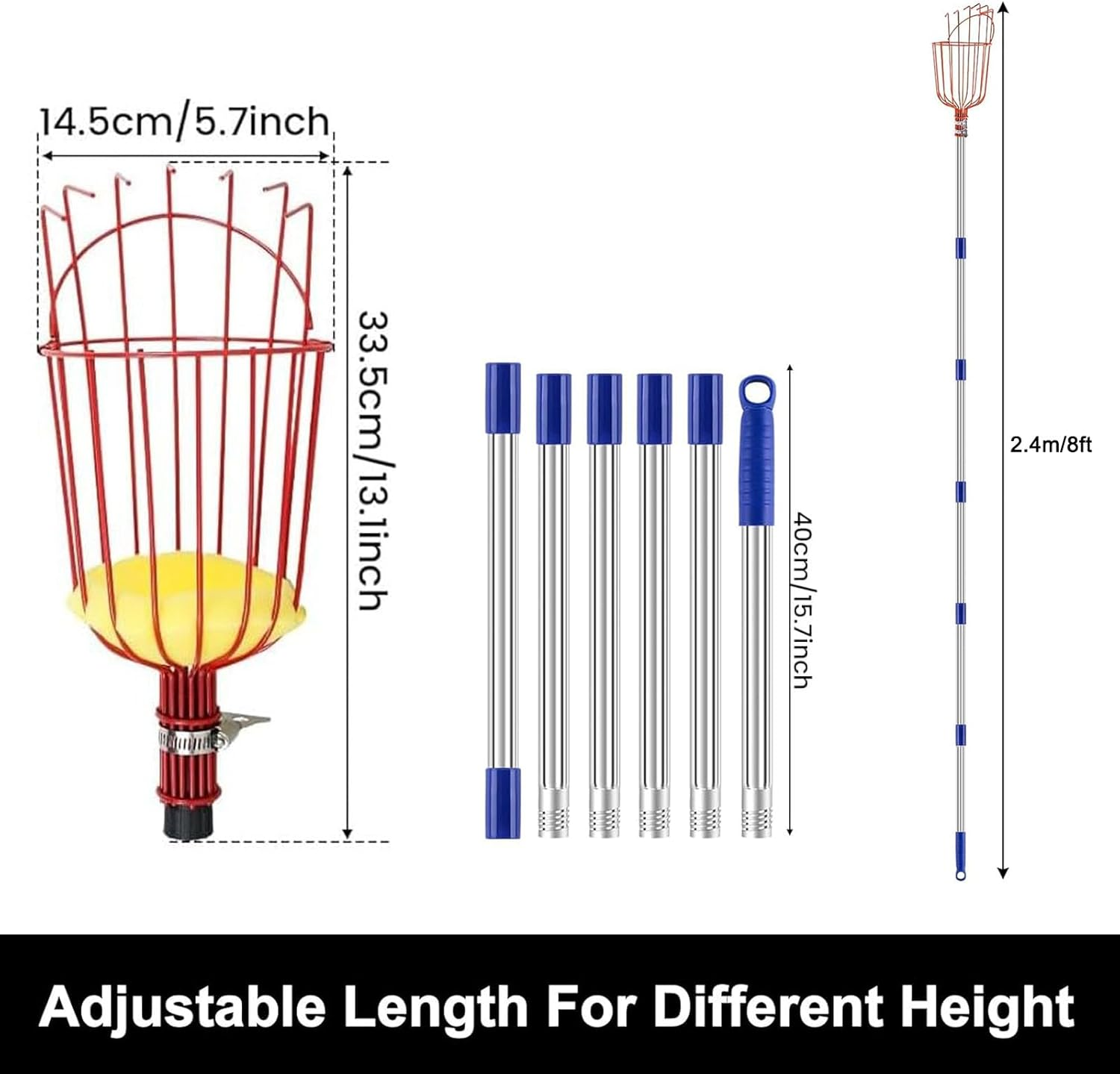 Fruit Picker Tool, 2.4M 8Ft Height Adjustable Fruit Picker Pole Tool with Baskets, Light-Weight Stainless Steel Fruit Picking Equipment for Apples Oranges Tangerines Pears Mangoes Avocados image number 4