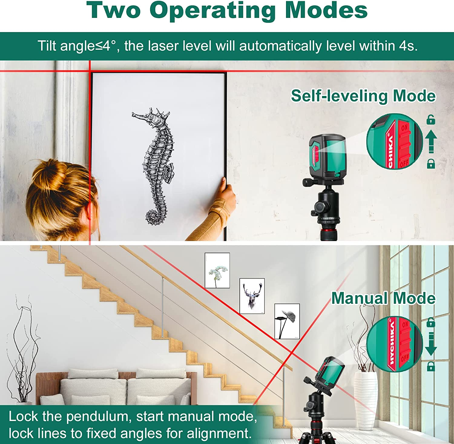 HYCHIKA Laser Level, Laser Levels Self Leveling with Double Laser Module, Laser Spirit Level with 2 Lines Horizontal/Vertical, Flexible Magnetic Base, 2 X AA Batteries Included image number 6