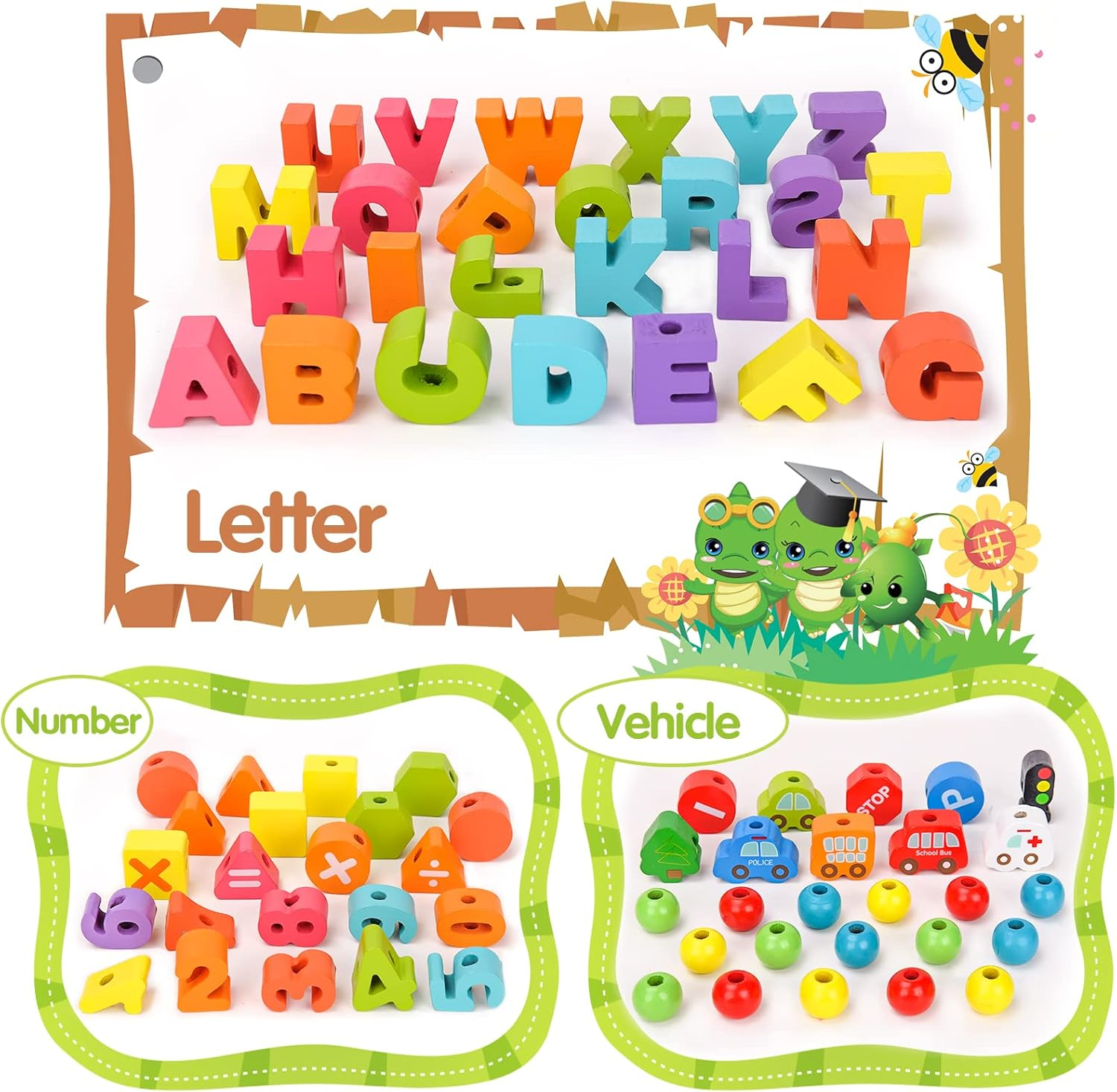 Montessori Sensory Toys for Kids Age 2-3-4, Wooden Toddlers Educational Toys Gifts for 1-3 Year Old Girl Boy Fine Motor Skills Preschool Activities Present Travel Toys Threading & Stacking Letter Car image number 2