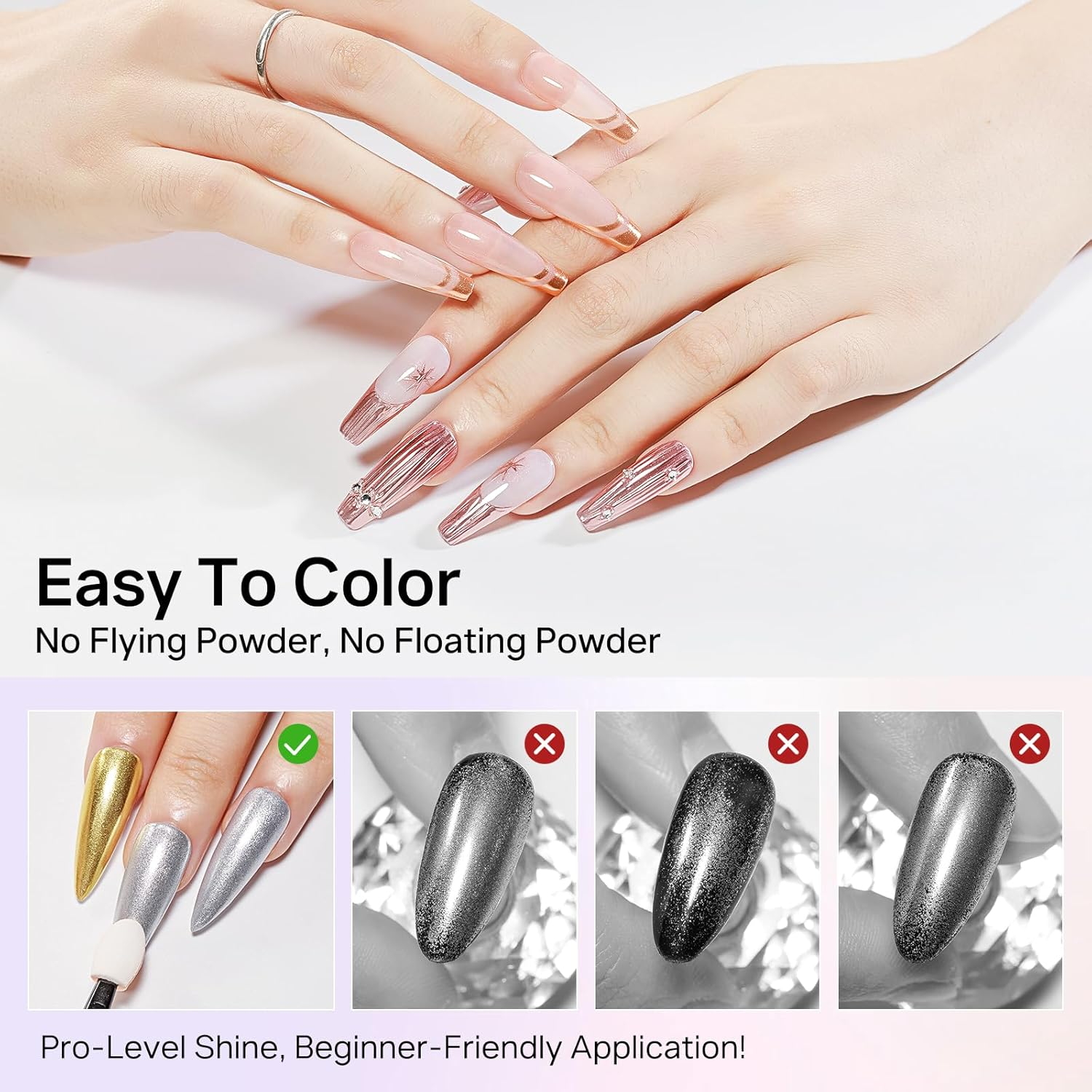 MIZHSE Chrome Nail Powder Wirh Applicators Gold Silver Mirror Effect 4 Colors Holographic Manicure Nail Art for Gel Nails Decoration Glitter Cromer Nail Powder for Home DIY Salon Use