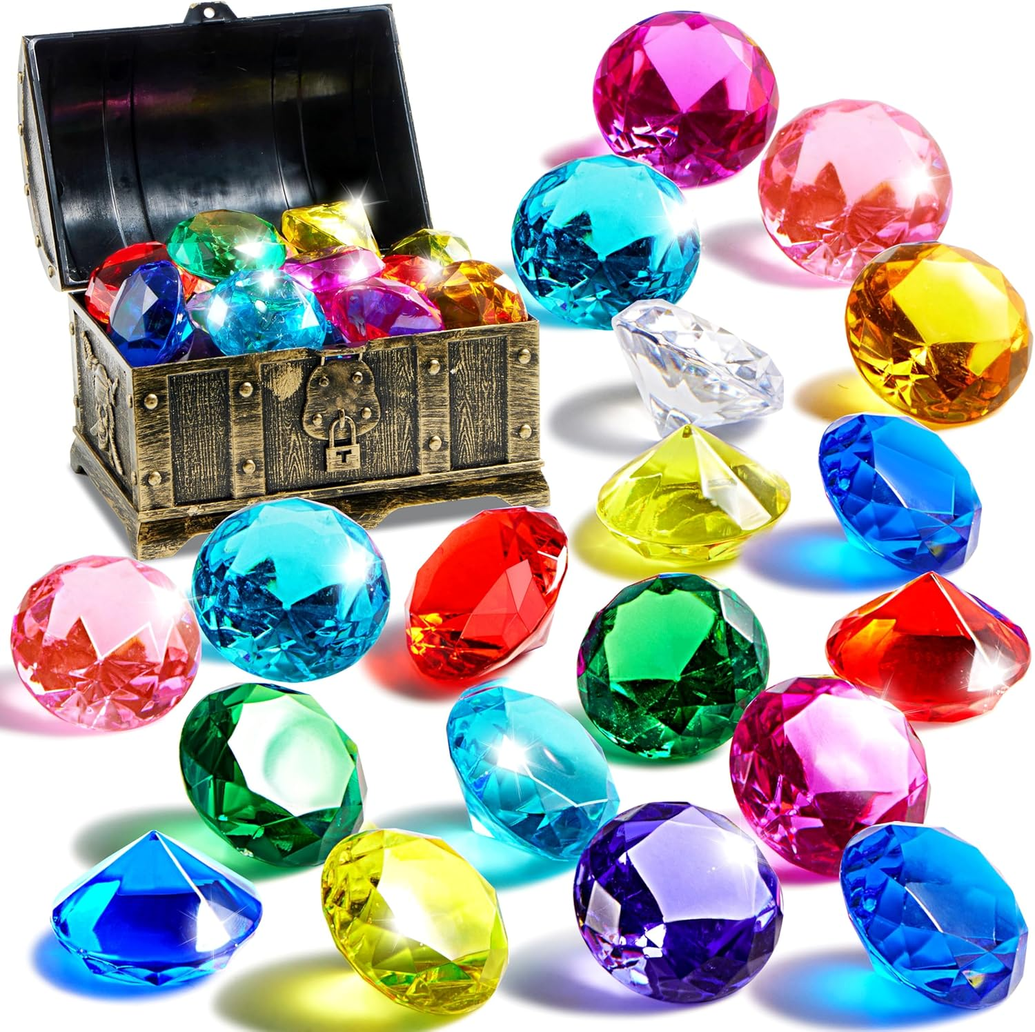 Sloosh Diving Gems Pool Toys, 16 Big Colorful Diamond with Pirate Treasure Chest,Swim Dive Toy for Kids Underwater Gemstone Swimming Training Gift Water Pool Games(Gold) image number 3