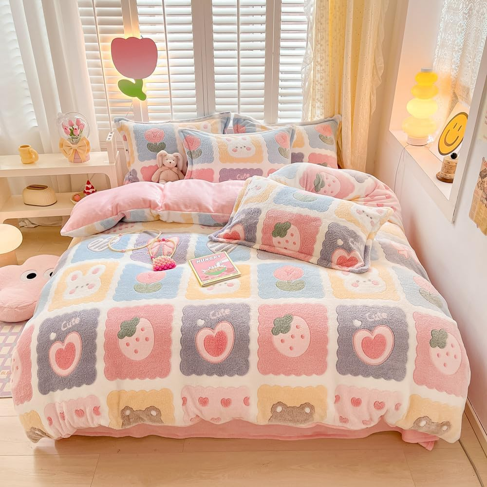 Pink Strawberry Duvet Cover Set Fluffy Duvet Cover Kawaii Cartoon Comforter Cover Soft Kids Duvet Cover Queen Bedding Set (Strawberry, Queen)