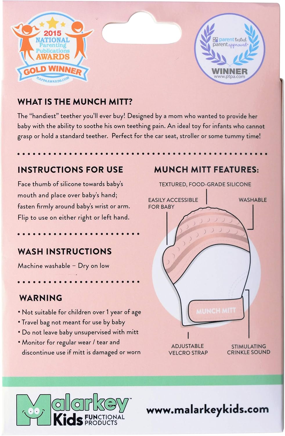 Munch Mitt Sensory Teething Mitten, Pink