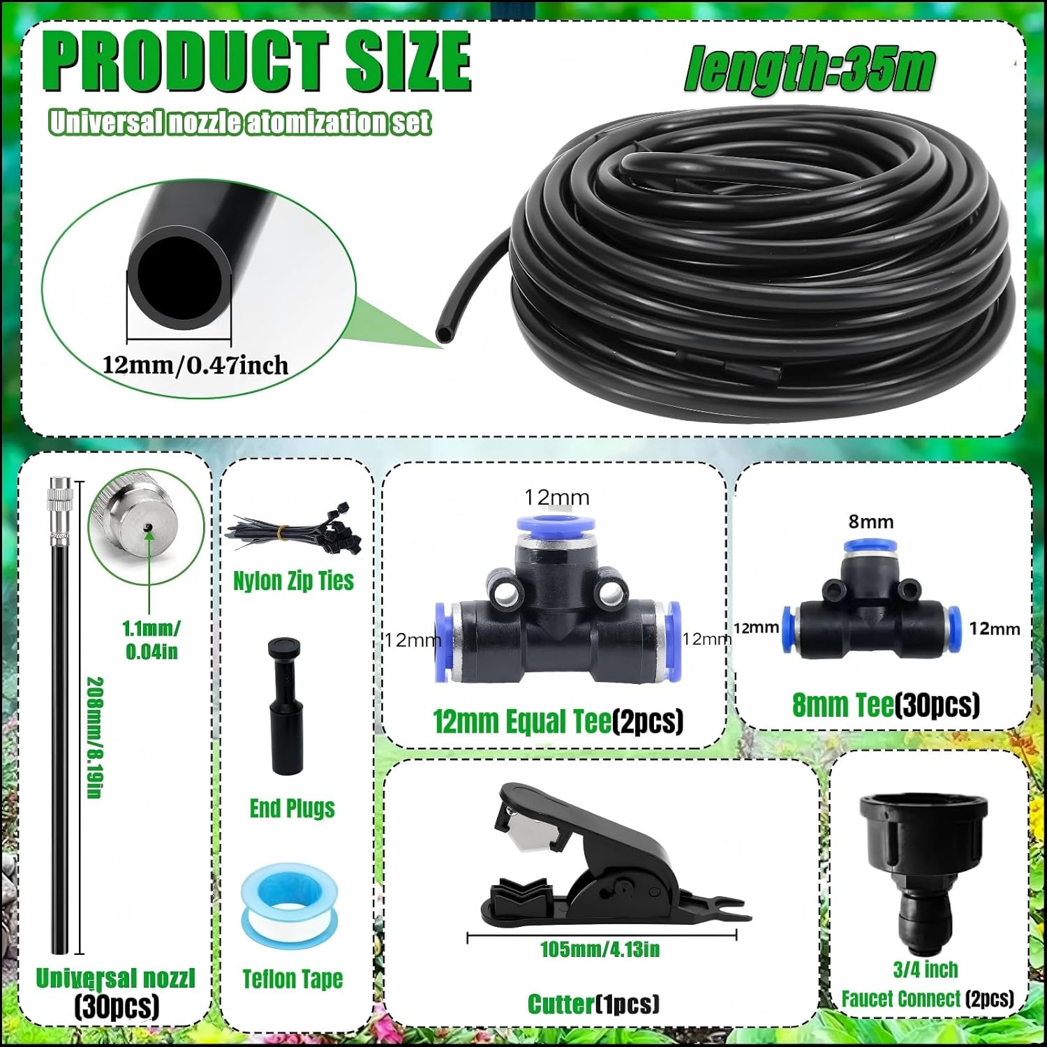 360&deg; Adjustable Drip Irrigation System - 115FT Garden Watering System with 30 Nozzles, Garden Irrigation Kit, Misting System for Yard, Lawn, Plants, 12Mm Hose