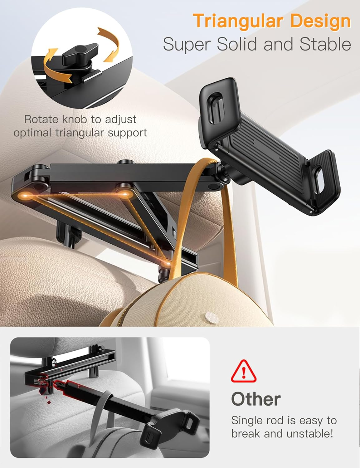 Stretchable Car Headrest Tablet Mount - Tablet Holder for Car, 360&deg;Rotating Adjustable, Road Trip Essentials Kids Family, for Ipad Pro, Air, Mini, Galaxy, Fire, More 4.5-12.9" Devices image number 2