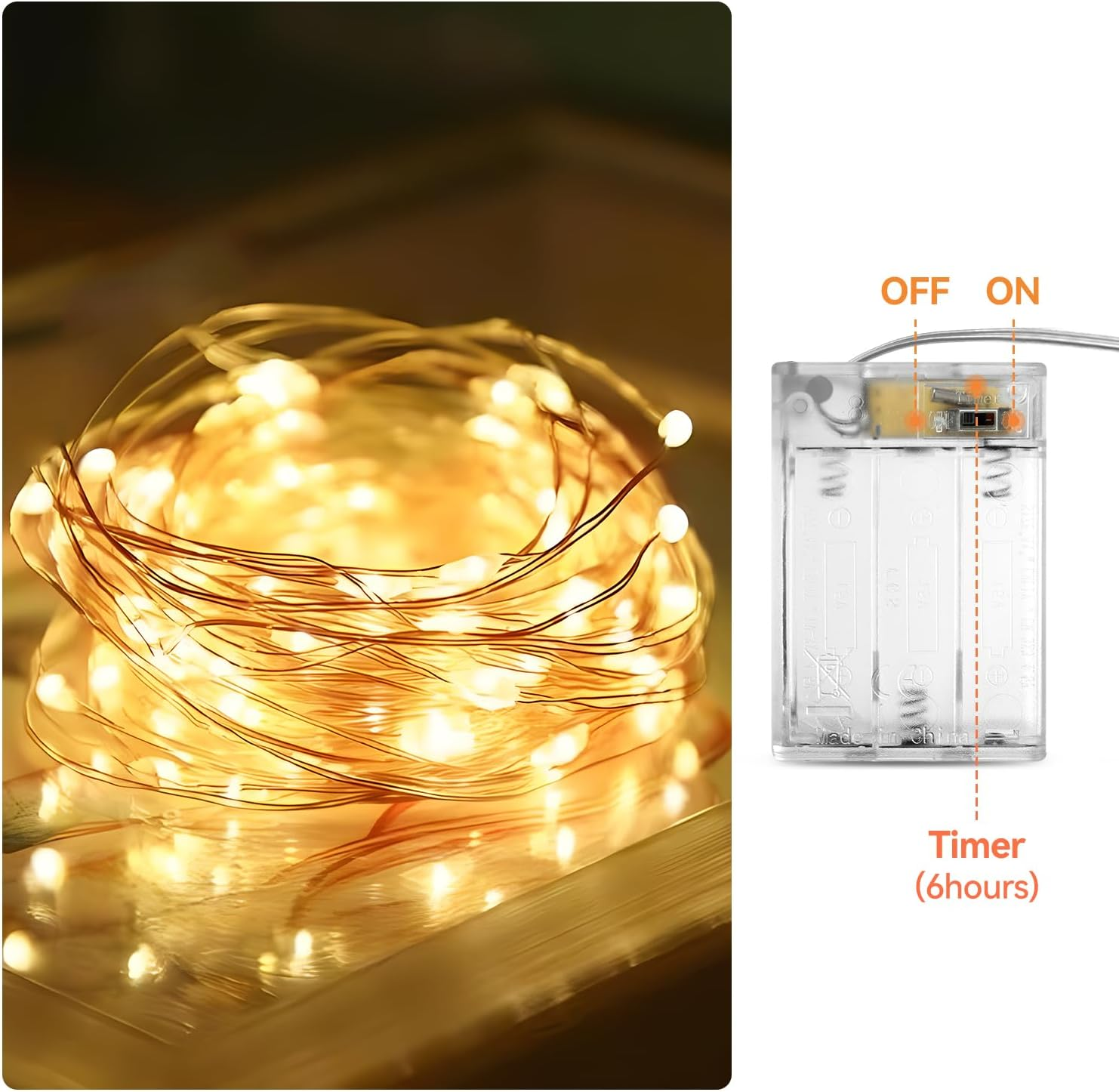 Fairy Christmas Lights Battery Operated, 20M/66Ft/200 LED Warm White String Light, Waterproof Battery Case, Indoor Lights for Xmas Tree Wedding,Party Events Garden Spring Decoration
