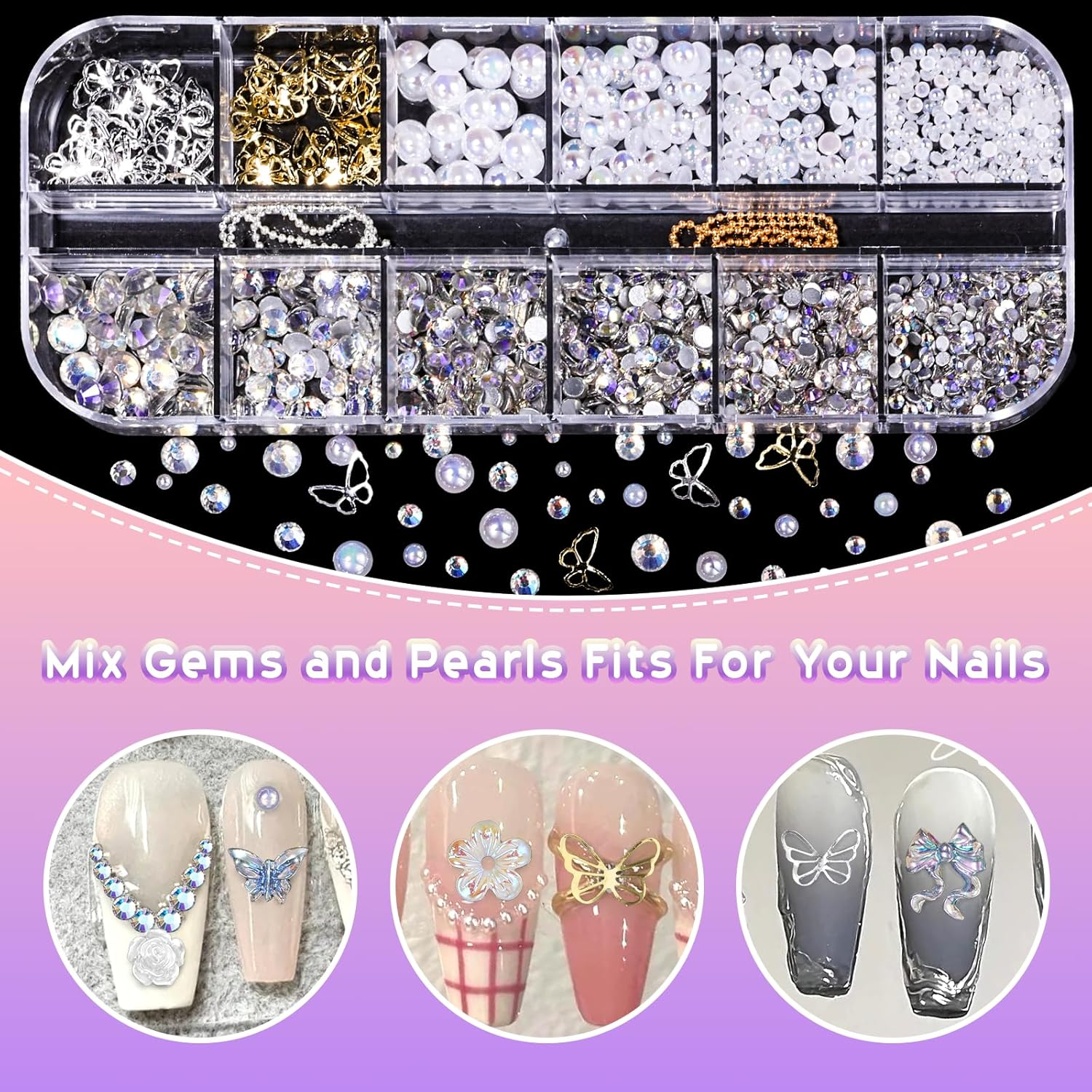 Flatback White Nail Charms Set, Assorted Bow Heart Flowers Acrylic Nail Art Charms, AB Rhinestones Nail Gems, round Pearls Nail Charms, Silver Gold Butterfly Nail Charms Gems for Nail Art DIY image number 6