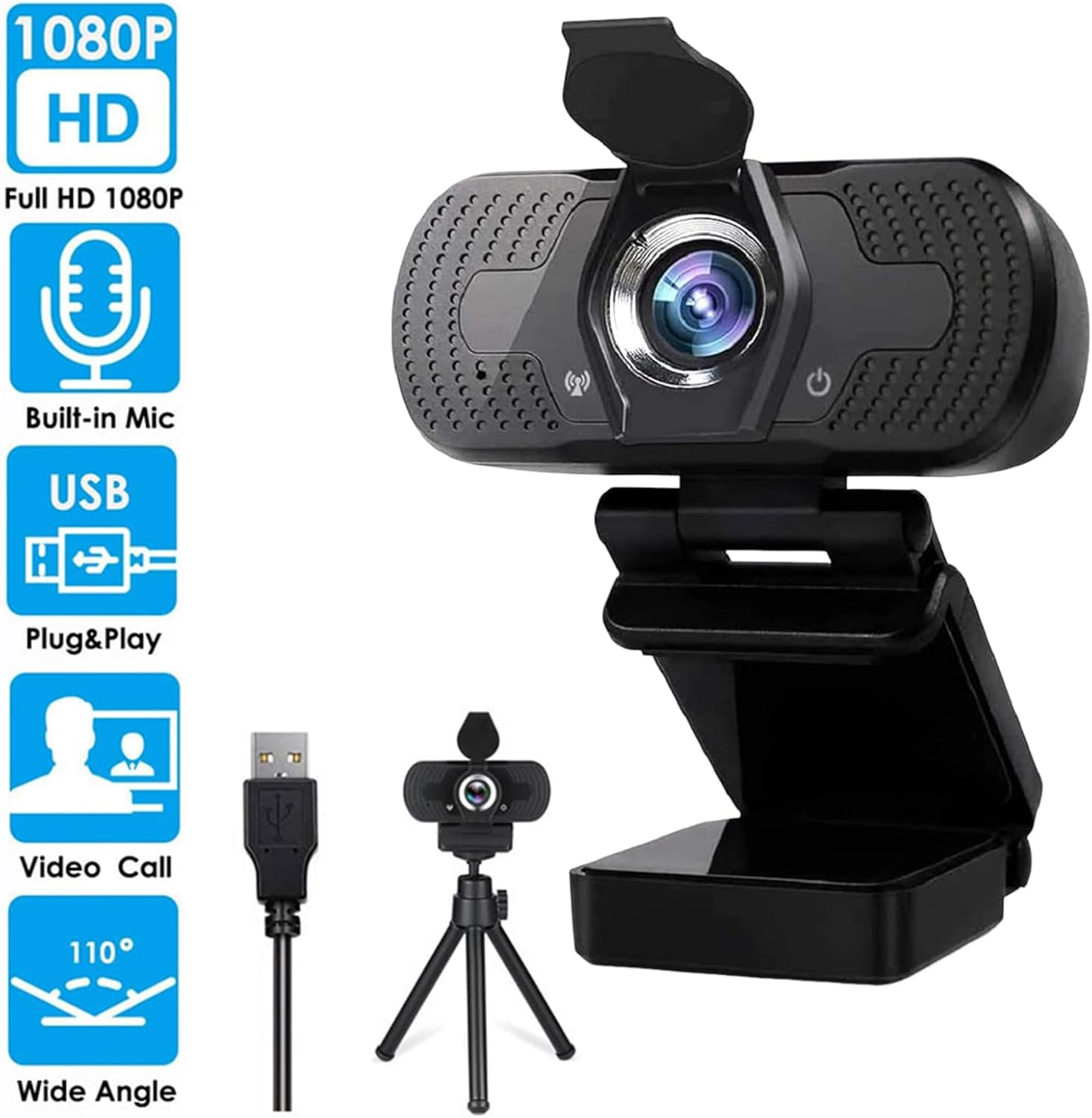 1080P Webcam with Stereo Microphone USB Web Camera 110 Degree View Angle HD Webcam for Video Calling Recording Conferencing Streaming Gaming on Desktop Laptop image number 5