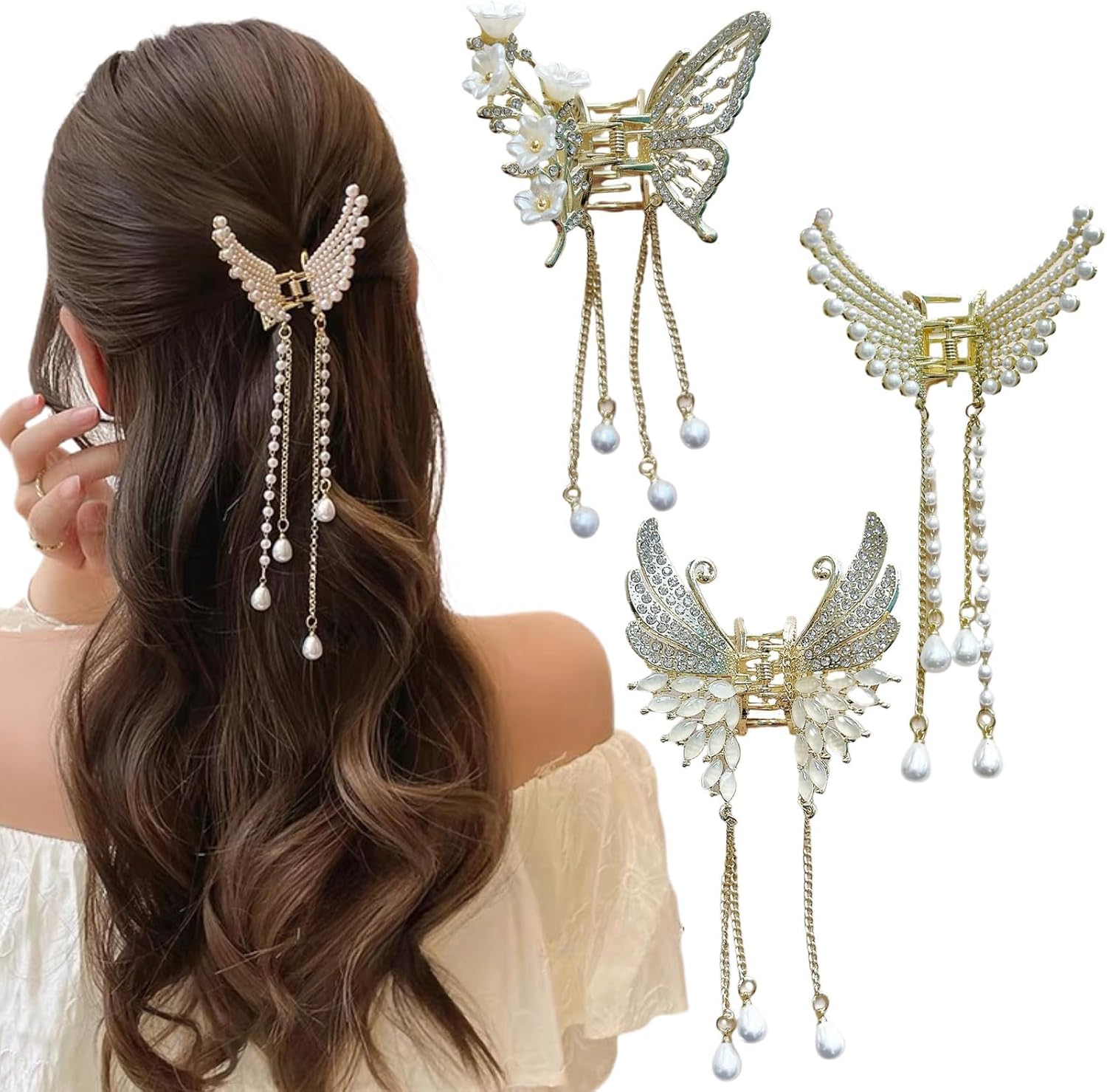 Ypkia Butterfly Hair Clip Small Gold Metal with Fringe Hair Clips Women'S Pearls Rhinestone Elegant Hair Accessory for Women and Girls (Pack of 3)
