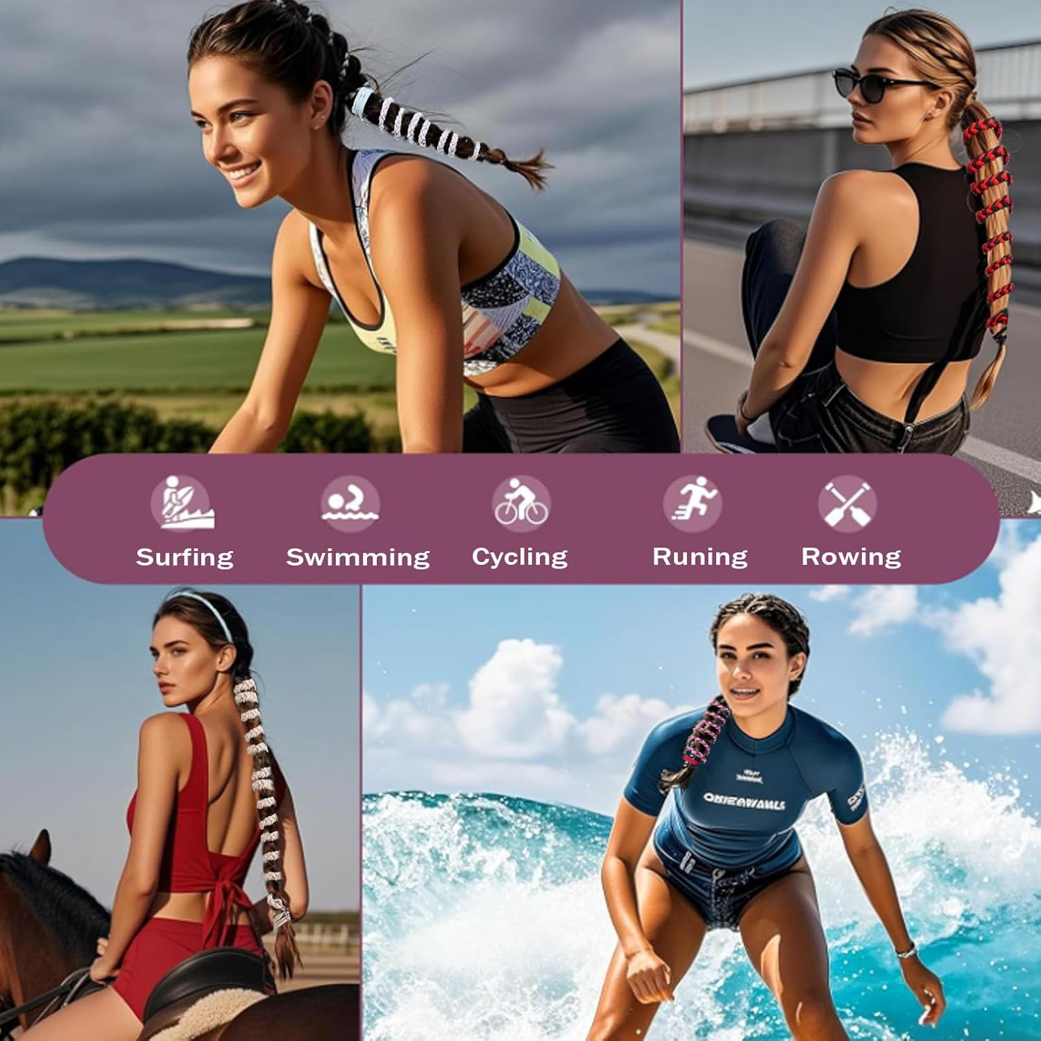 NICENEEDED Pack of 4 25 Inch Colourful Sports Hair Bobbles Long Hair Ponytail Warp Hair Holder Elastic Braided Spiral Hair Scrunchie for Gym Swimming Bungee Motorcycle image number 3