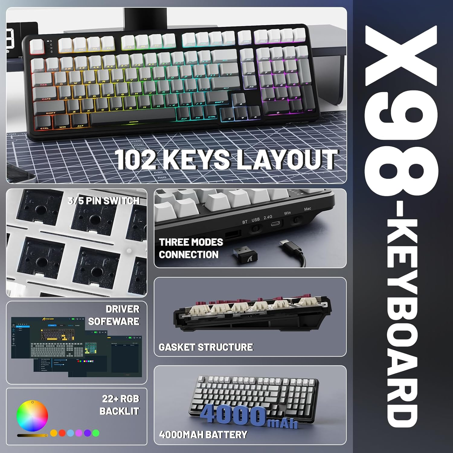 ATTACK SHARK X98 Wireless Mechanical Keyboard with Numpad,Gasket Mount Hot-Swap Pre-Lubed Linear Switch,Bt 5.0/2.4G/Wired,Rgb Backlit Computer Gaming Keyboards for Pc/Tablet/Ps5/Xbox-Moonlight image number 6