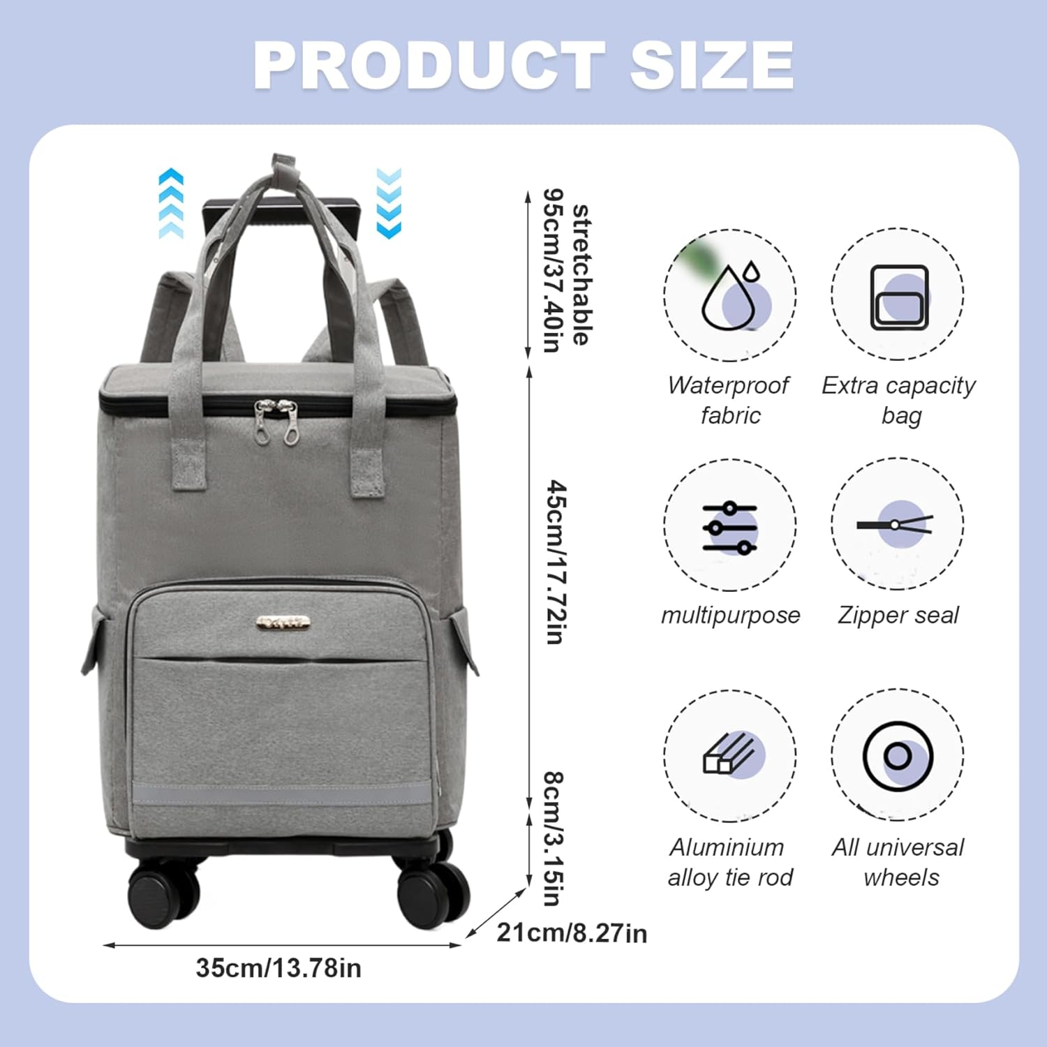 Cooler with Wheels, Cooler with Wheels and Handle, 14X8X18 Inch Oxford Cloth, 3 in 1 Rolling Cooler with Insulated Interior, Ice Chest with Wheels for Camping Picnic Hiking Beach, Travel Cooler image number 4
