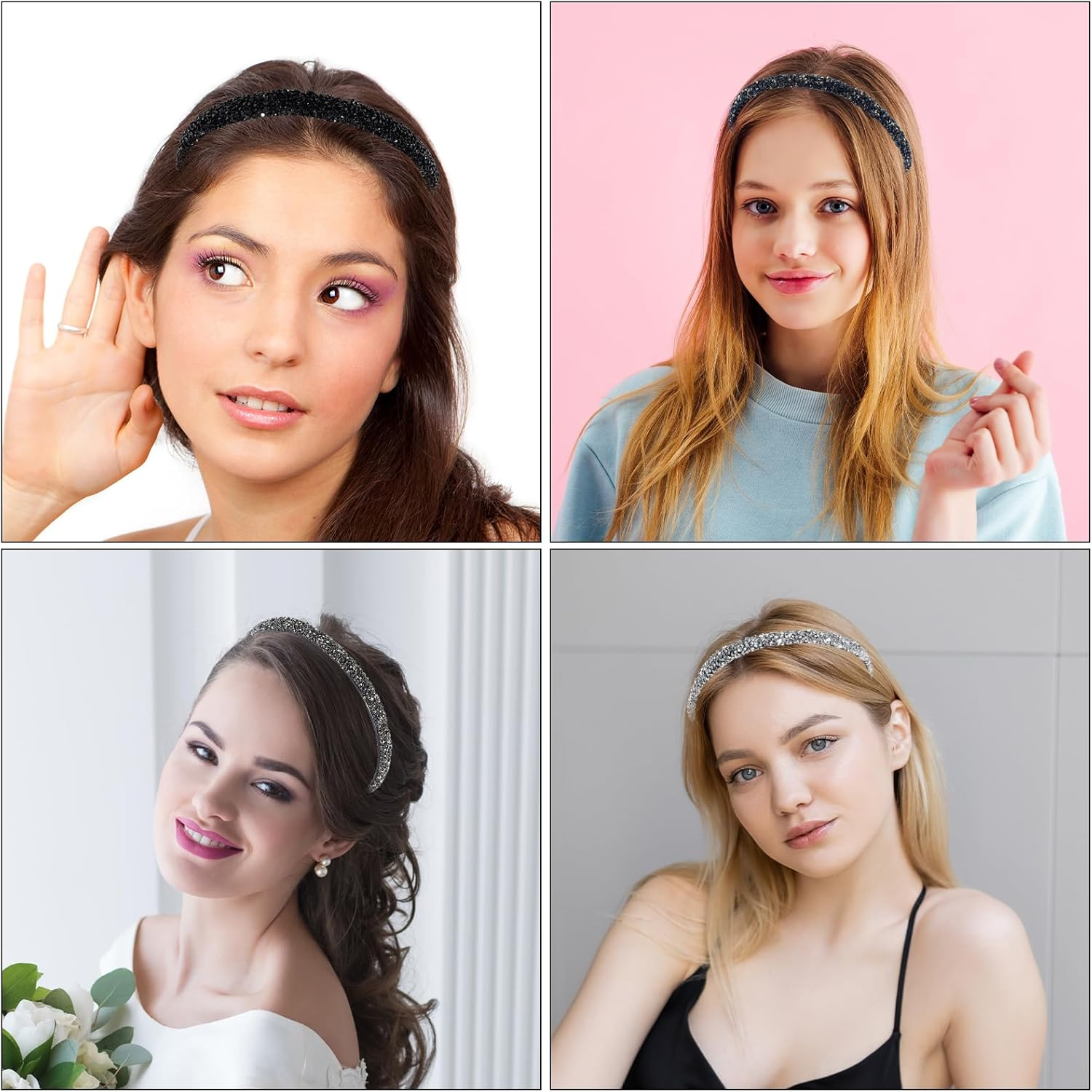 Black Silver Grey Dark Blue Rhinestone Headband for Women, with Teeth, Non-Slip Headband