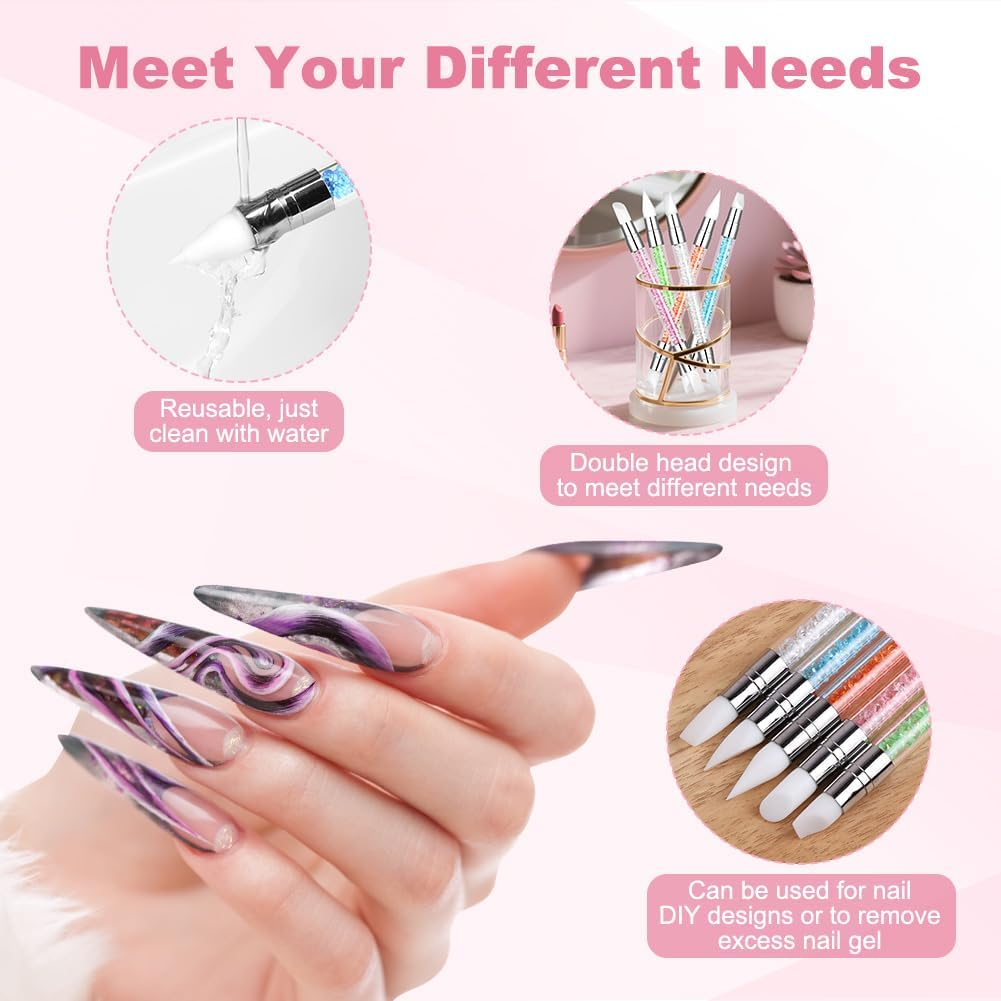 BUTBU Pack of 5 Silicone Brushes, Double End Nail Art Brush, Nail Design Brush, Painting Art Design Brush Set, Nail Dotting Drawing Tool, Silicone Modelling Brush Set for DIY Nail Art Design(A) image number 2