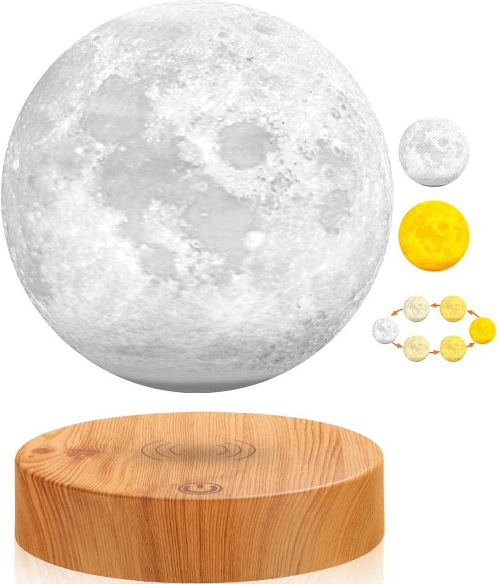 Levitating Moon Lamp - 3 Colors Modes Magnetic Levitation LED Moon Light, Rotation Floating 3D Printing Moon Night Lights for Home Office Desk Room Decoration round Base image number 1