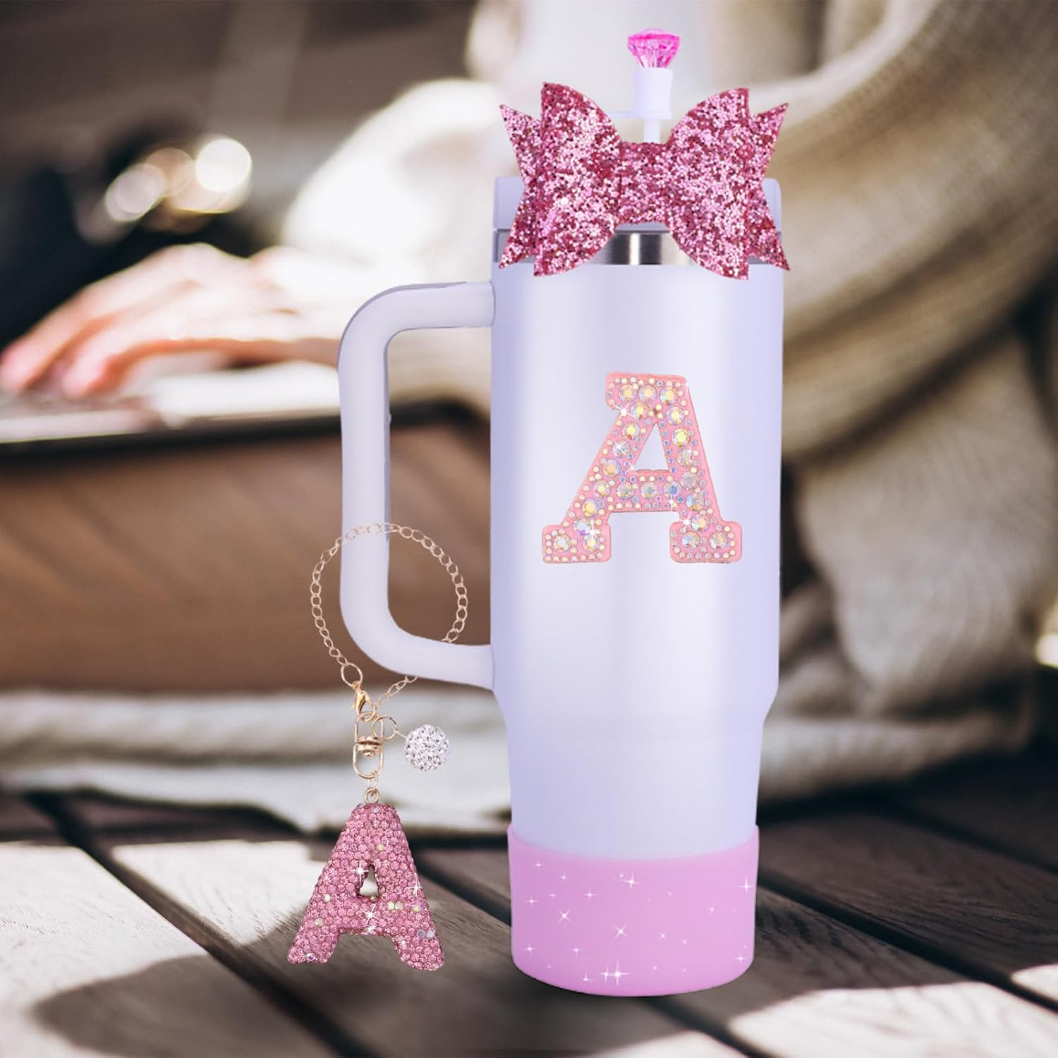 5Pcs Stanley Cup Accessories Set,Letter Charm for Stanley Cups,Including Diamond Straw,Bow Straw,Sparkly Silicone Boot for Stanley Cup 30Oz&40Oz(A) - C image number 5