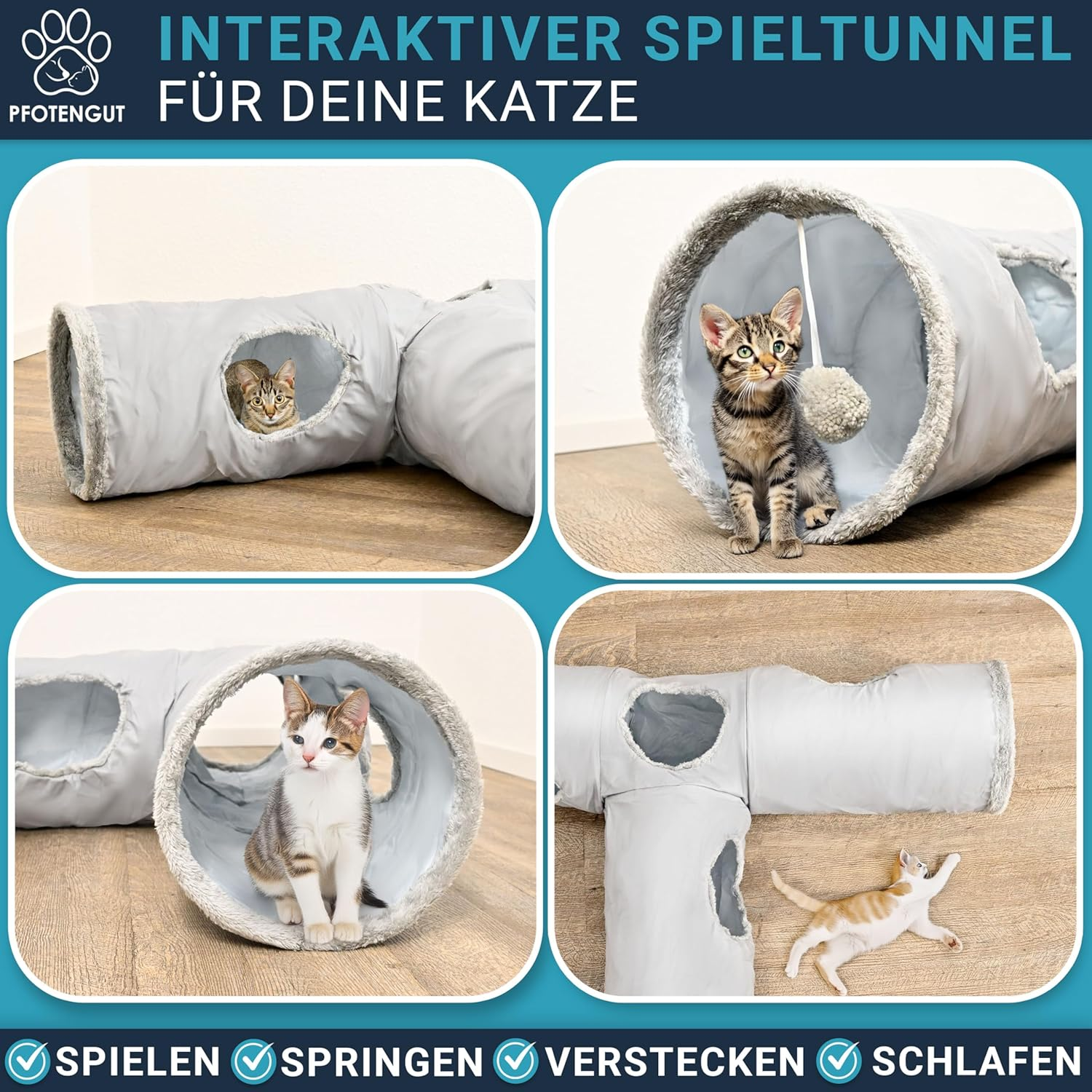PFOTENGUT&reg; XXL Cat Tunnel for Small and Large Cats - Robust Play Tunnel for Your Cat - 115 Cm Long Tunnel with Various Openings Including Play Ball image number 2