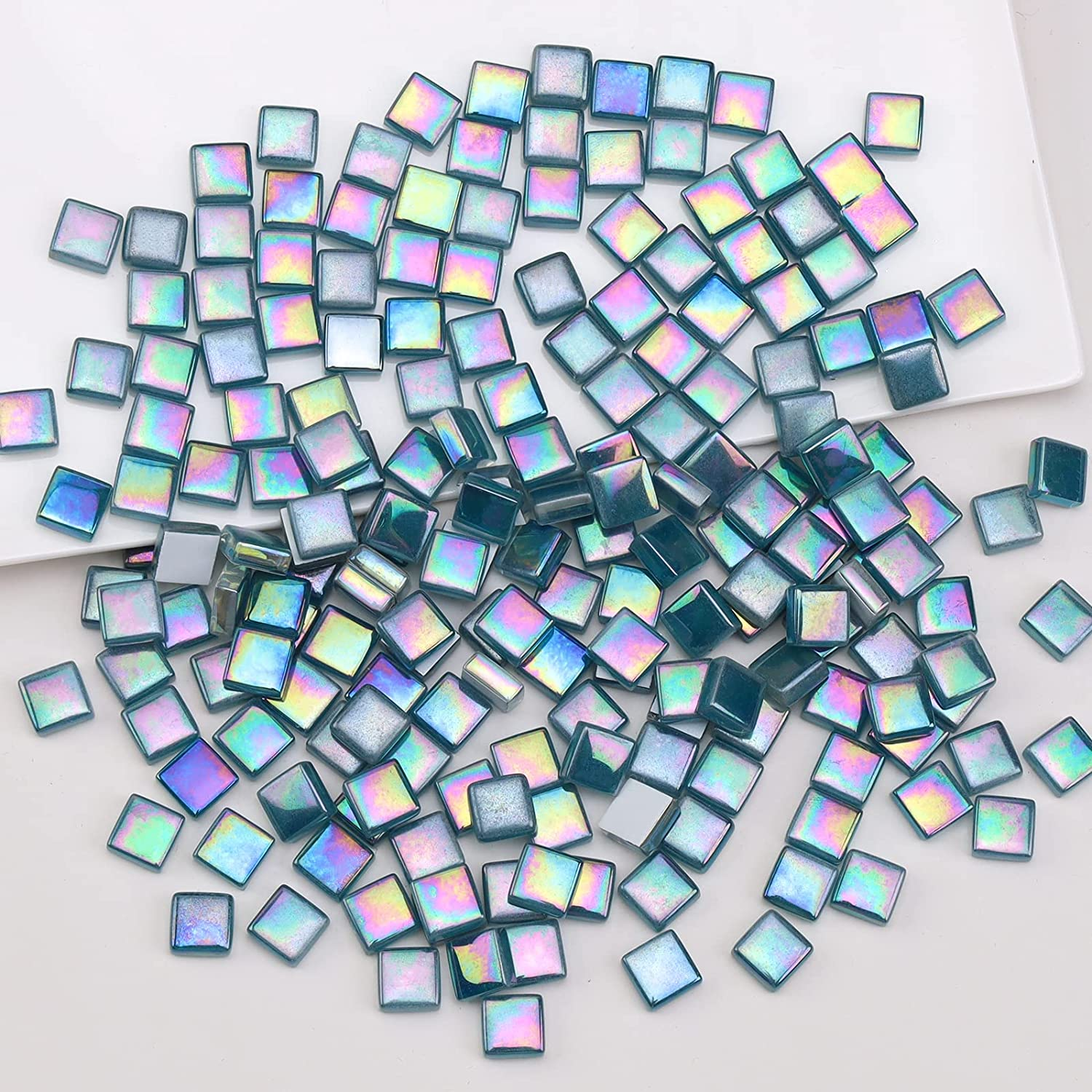 Iridescent Glass Mosaic Tiles for Crafts Bulk Square Blue Mosaic Pieces 160Pcs Flat Mirror Glass Tile Kits for Adults DIY Handmade Craft Jewelry Art Decoration Kit