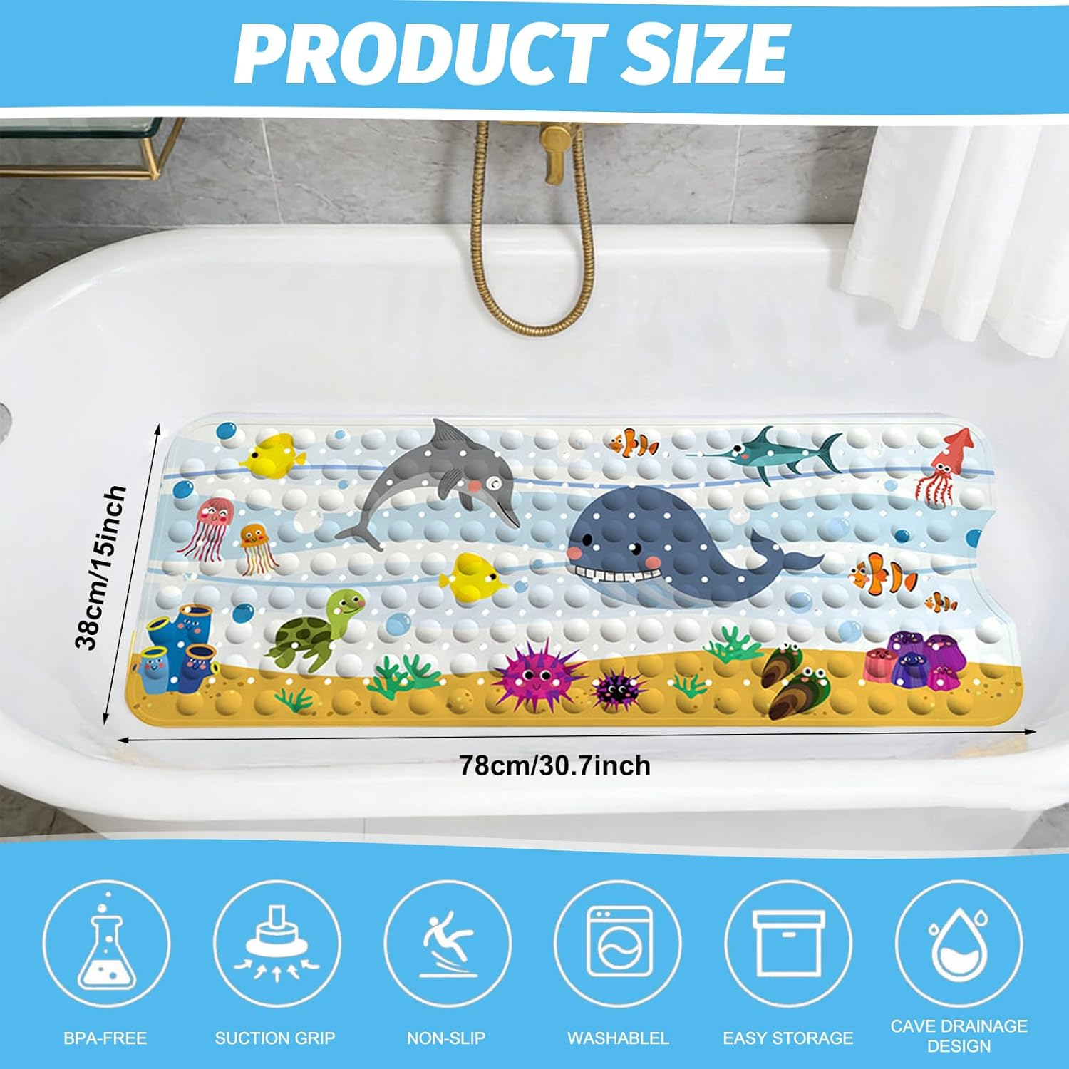 Nonslip Bath Tub Shower Mat with Suction Cups&ndash; Shark Design TPE Bathtub Mat for Kids & Elderly | Machine Washable, Anti-Slip Shower Mat (100X40Cm) image number 5
