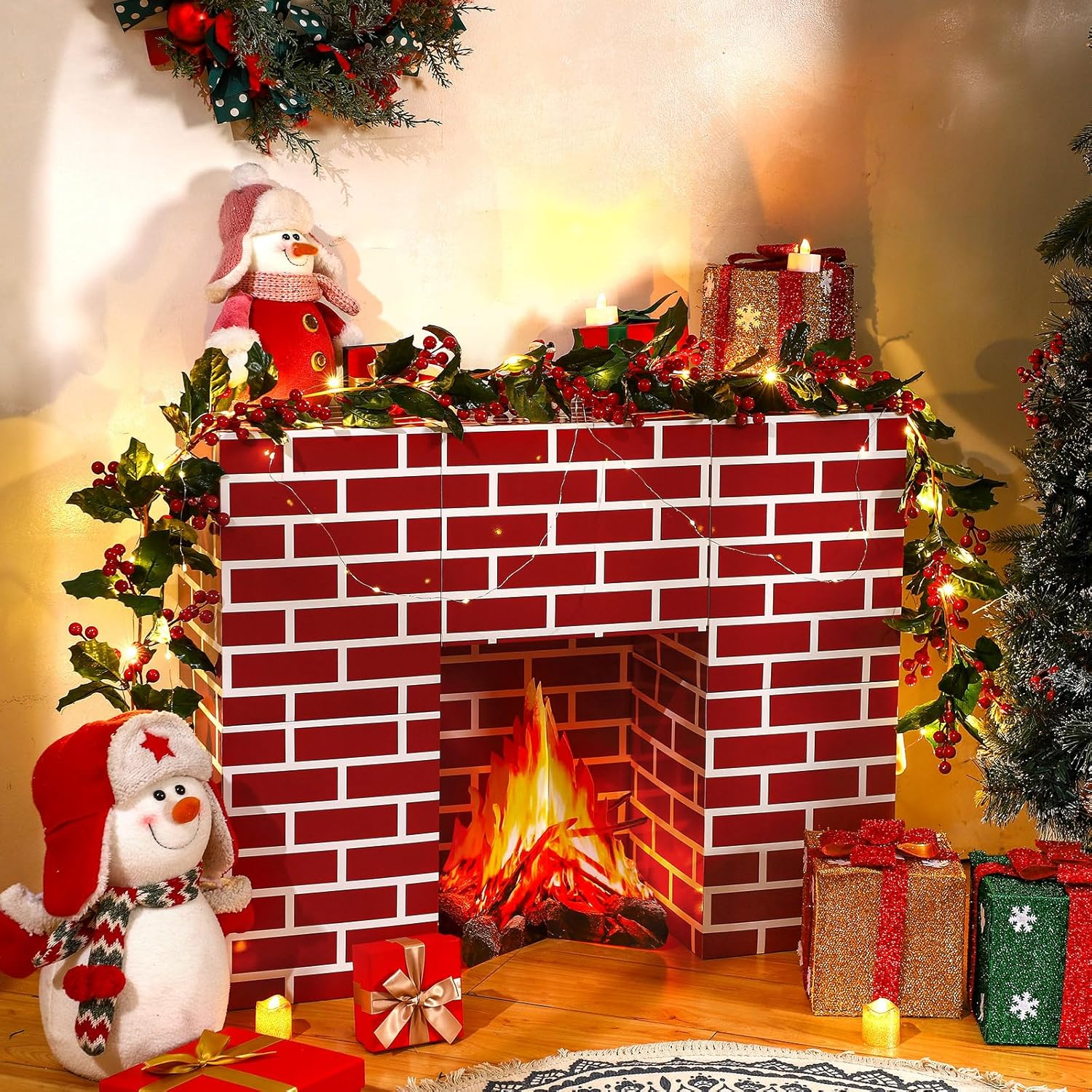 15 Pcs Christmas Cardboard Fireplace Prop Set Red Brick Cardboard Fireplace with Fake Fire Fake Flame Red Brick Boxes Cardboard Blocks for Christmas Home Party Decorations image number 4