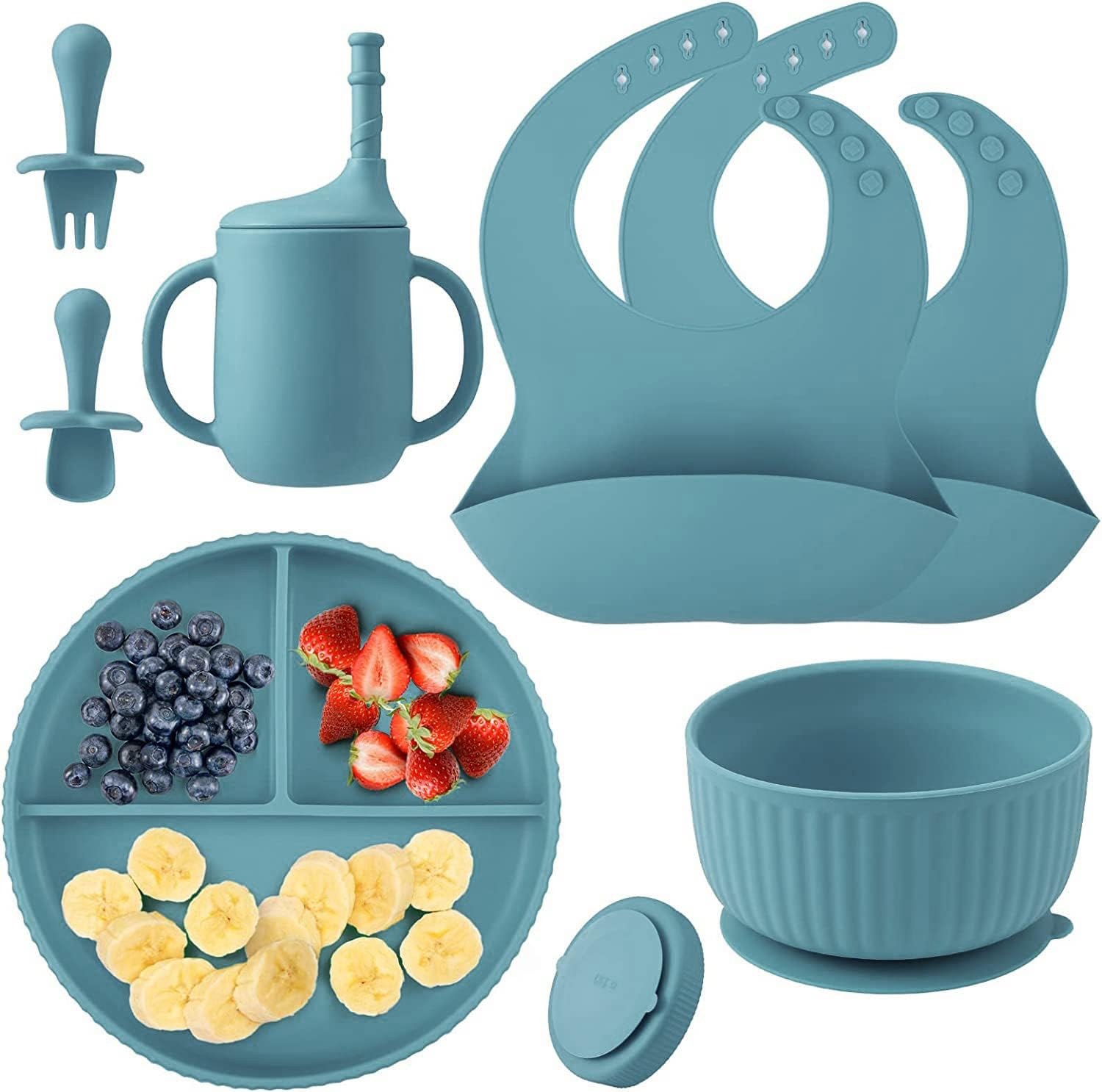 Children Feeding Set with Plates, Utensils, Adjustable Bib, Suction Bowl, Divided Plate, Straw Cup, First Stage Spoon & Fork (Blue)