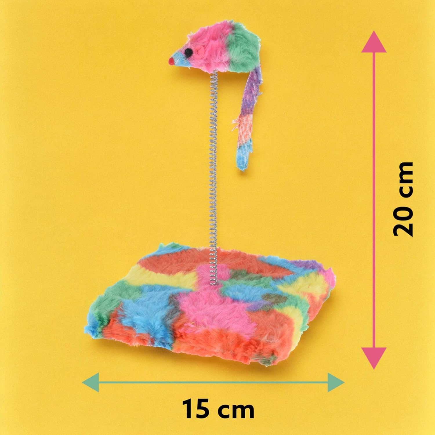 MIJOMA Colourful Toy Mouse on Spiral - Promotes Activity & Hunting Instinct of Your Cat, Cat Toy with Wood Base Plate & Plush, 20 Cm Spiral Spring, 15 X 15 Cm (Rainbow Colours) image number 1