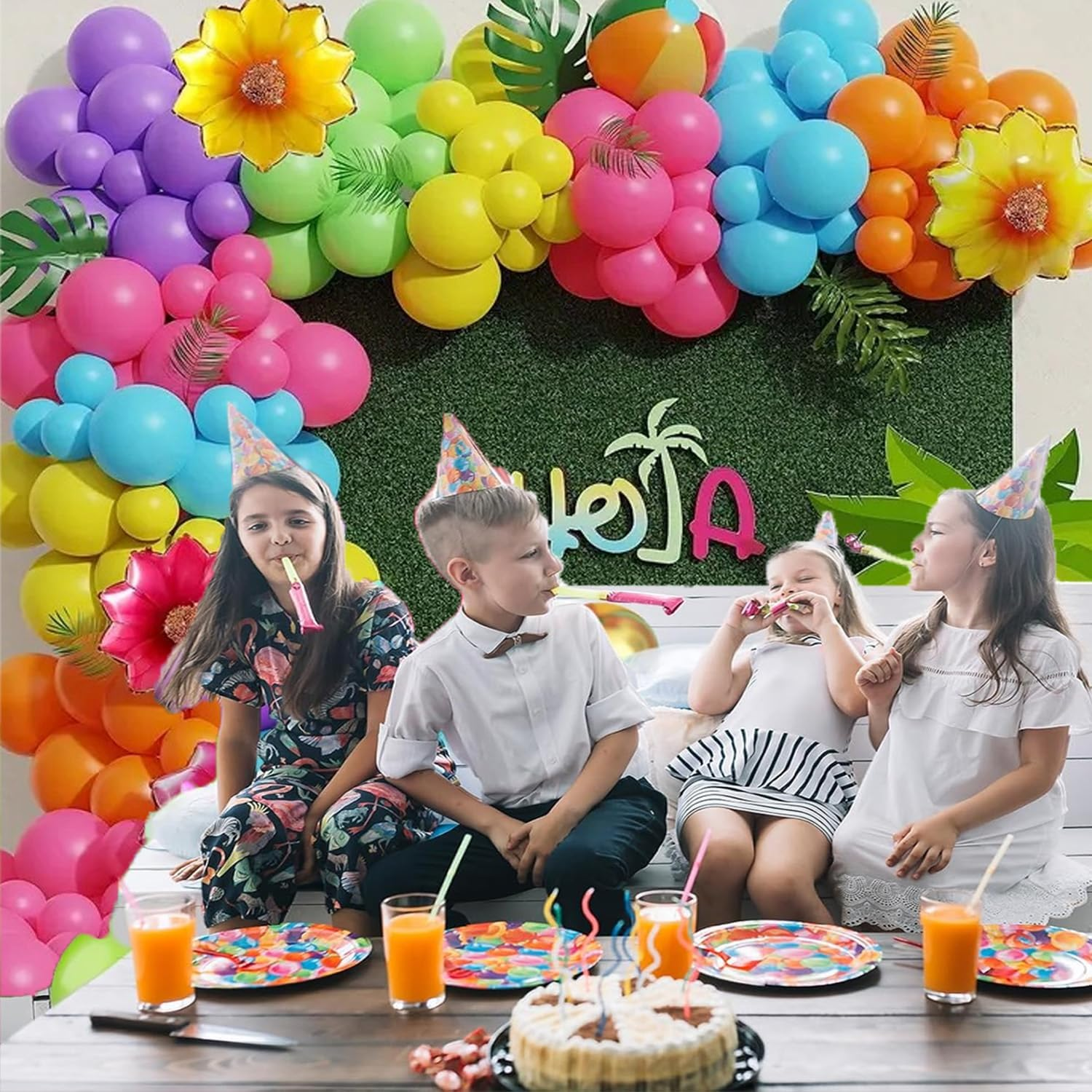 146Pcs Tropical Neon Balloon Arch, Summer Colorful Rainbow Pool Party Balloon for Hawaiian Beach Tropical Luau Pool Theme Birthday Party Decorations Flower Rainbow - Black image number 6