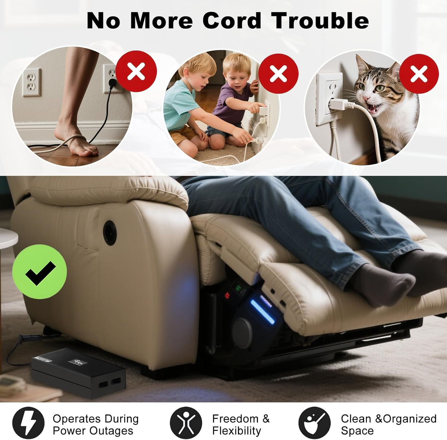 Universal Battery Pack for Reclining Furniture, 2600Mah Rechargeable Battery Pack for Electric Recliner, Power Sofa, Couch, Lift Chair- Fits 2-Pin Furniture, Wireless Battery Set with Extension Cord image number 3