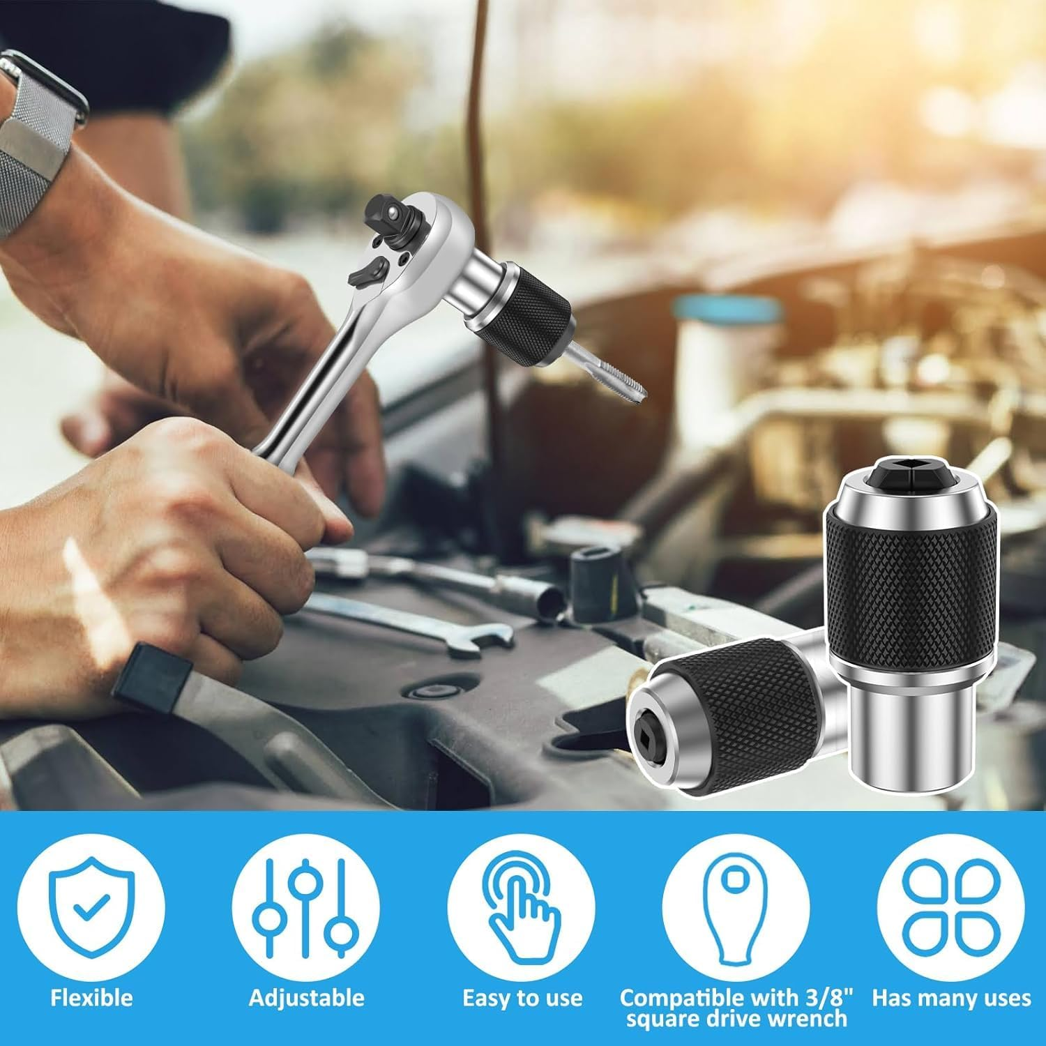 KEWAYO 3PCS Adjustable Tap Socket Set,Tap Sockets with a 3/8" Socket Adapter, Adjustable Tap Extractor Tool,Suitable for Taps,Reamers,Screw Extractors image number 6