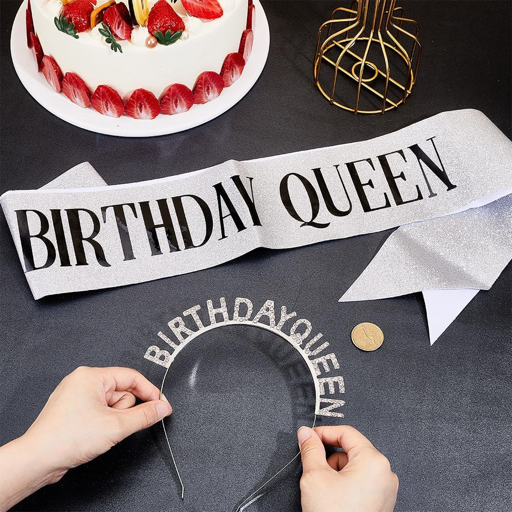 HOBBIESAY 1 Piece Birthday Headband with Fabric Straps Rhinestone Happy Birthday Headpiece Platinum Party Accessories Princess Crown for Women Decoration image number 2