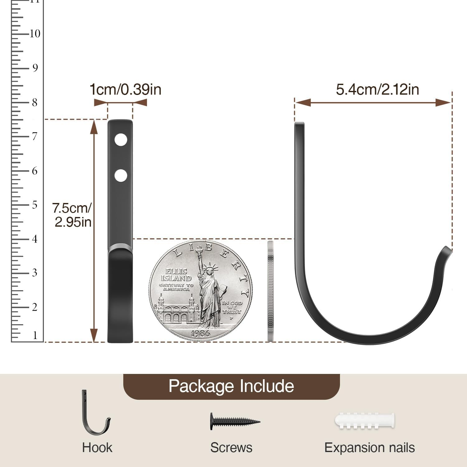 Josmimic 10-Pack Wall Hooks for Towel/Coat - 22LB Heavy Duty Metal Hanger Wall Mount, for Outdoor, Closet, Door, Shelf, Bathroom, for Backpack, Cup, Clothes, Mug, Black Matte, Screws Included image number 6