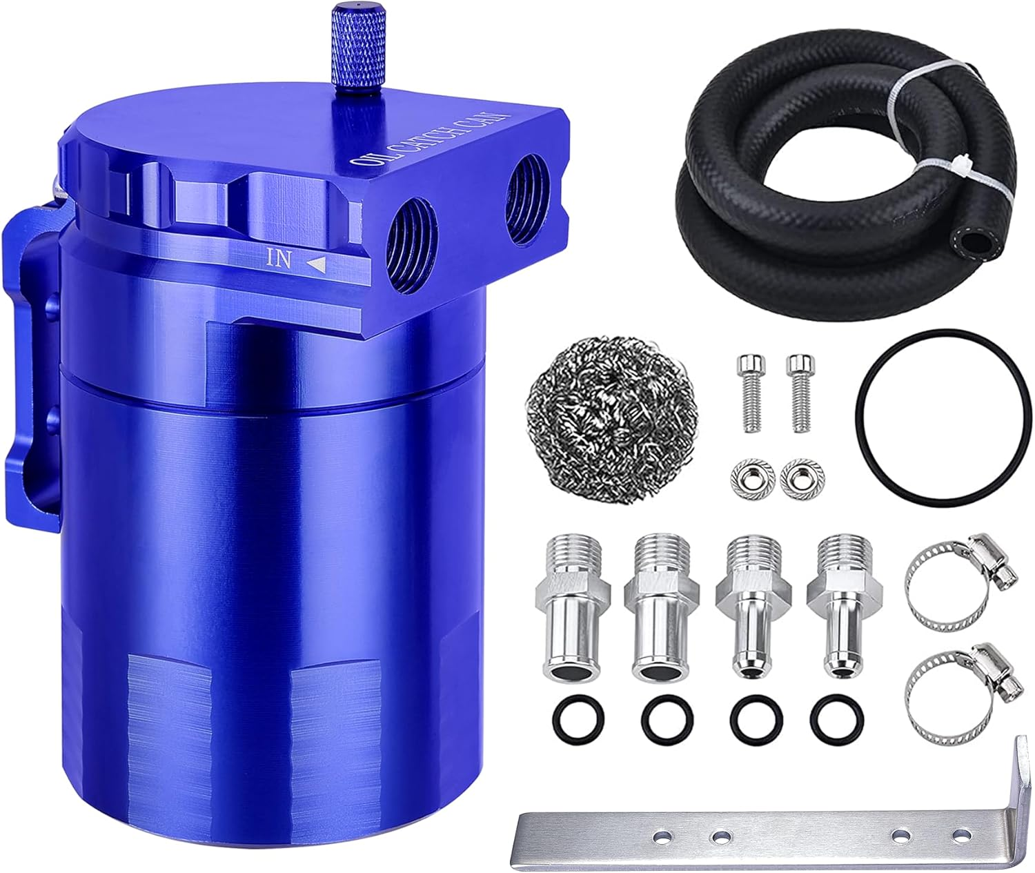 EVIL ENERGY Baffled Universal Oil Catch Can Reservoir Tank Kit with 3/8" NBR Fuel Line and Steel Wool Aluminum Black 400Ml