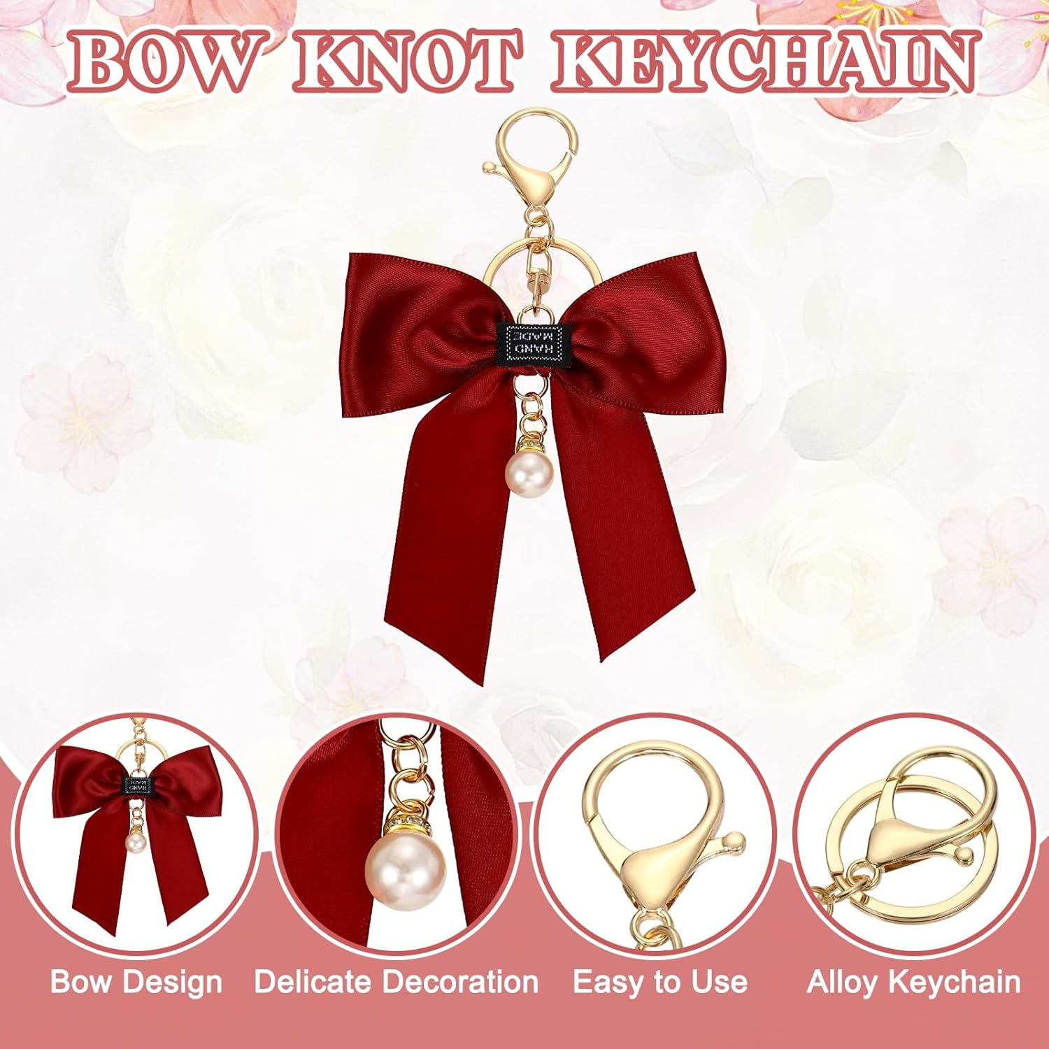 Uxcell Bow Knot Keychain, Cute Bag Charm Keyring, Bow Accessories for Women Purse, Backpack, Car Key, Phone Decoration (Red with Pearl) image number 1