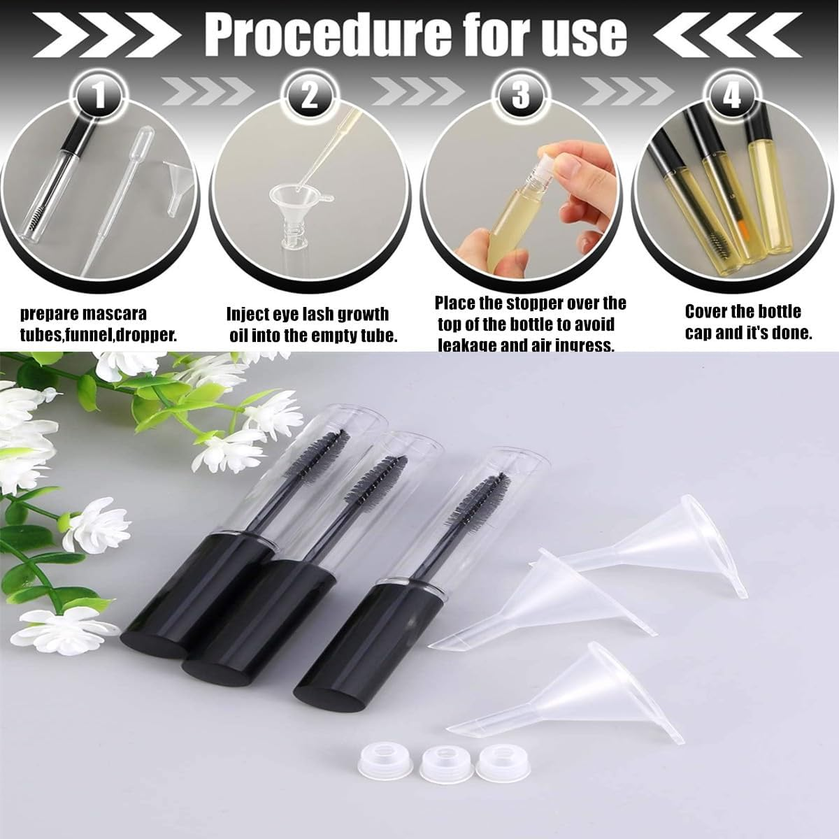 3Pcs 10Ml Empty Mascara Tubes with Eyelash Wand, Eyelash Growth Liquid Portioning Bottles,For DIY Cosmetics,Travel and Business Trip(3 X 10Ml Bottle,3 X Funnel,3 X Dropper,3 X Rubber Inserts) image number 3
