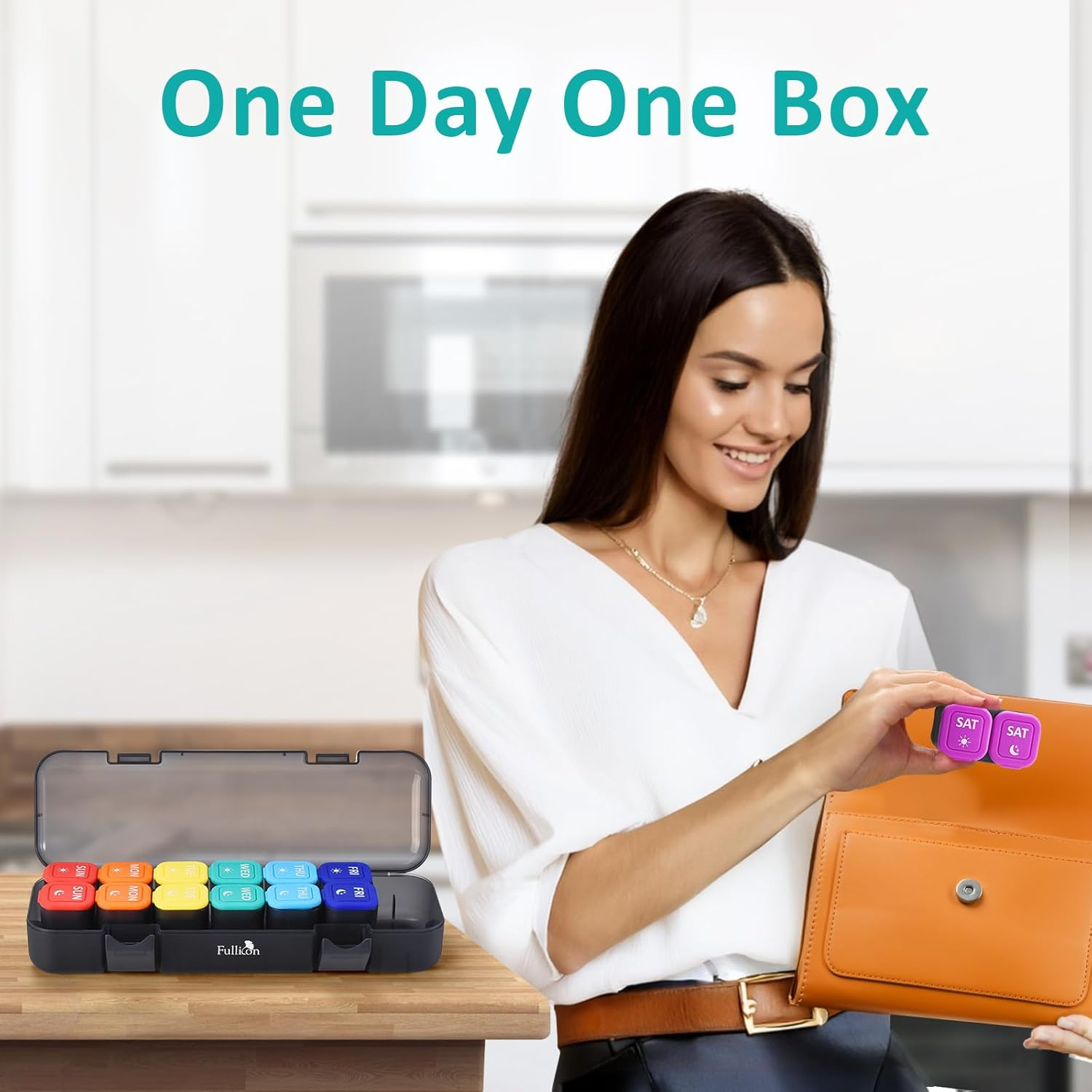 Fullicon Moisture-Proof Pill Organizer 2 Times a Day, Weekly Pill Boxes & Organiser with Silicone Lids, Large Capacity AM PM Pill Organizer 7 Day, Travel Pill Case for Vitamins (Black Rainbow)