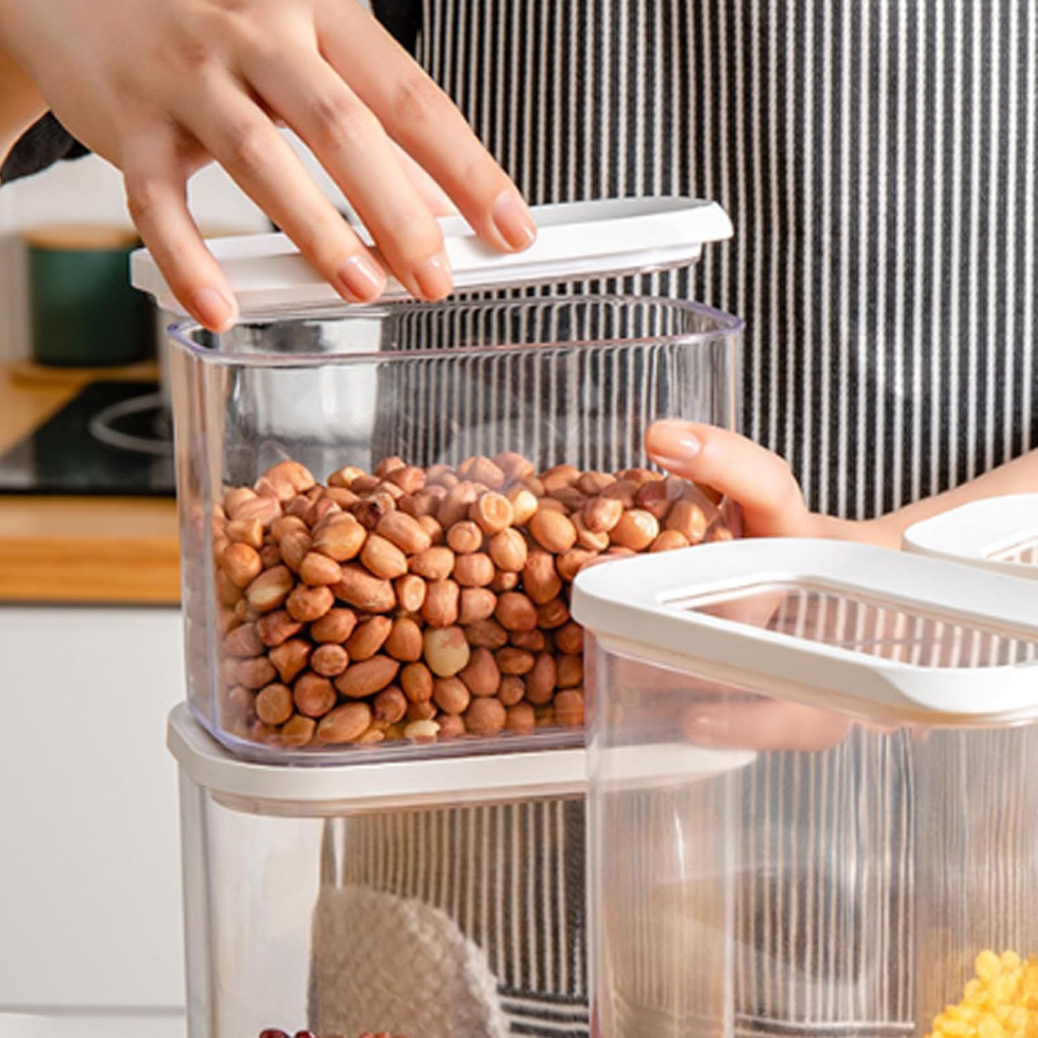 Set of 5 Plastic Storage Jars with Lid, Airtight, 1000 Ml, Rectangular Kitchen Storage & Organisation, White Containers, Cornflakes for Sealing and Preserving Food image number 1