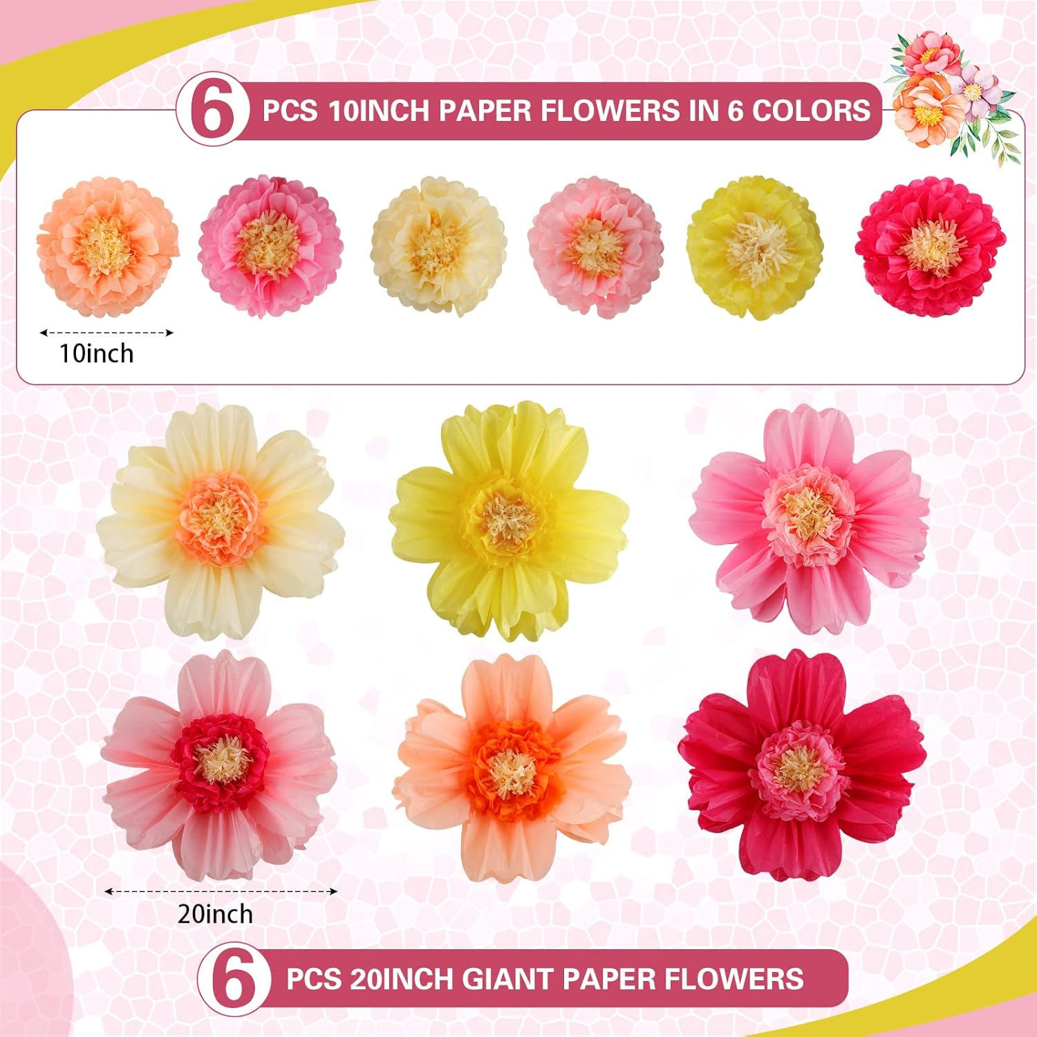 Crowye 12 Pcs Large Colorful Tissue Paper Flowers 20" Handcrafted Giant Fiesta Paper Flowers for Mexican Party Wedding Birthday Backdrop Shower Party Nursery Craft Outdoor Wall Decor(Fresh Color) image number 6