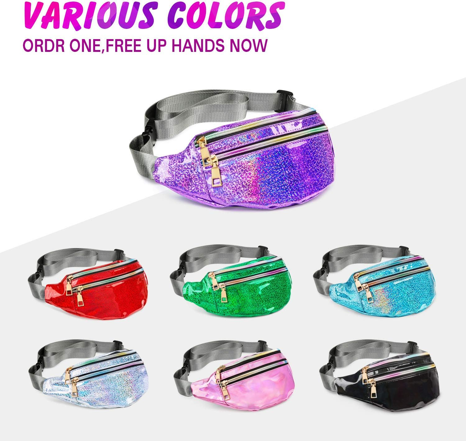 Fanny Pack Belt, Holographic Fanny Packs for Women, Men & Kids - Fashion Waterproof Waist Pack with 3 Pouches & Adjustable Strap - Shiny Causal Bags - Cute Bum Bag - Hip Sacks for Travel image number 6