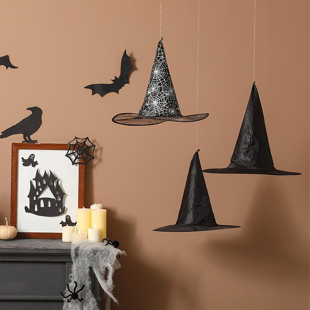 Geli 12 Pieces Halloween Witch Hats,Black Hanging Witch Hat, Wizard Hat Witch Costume Accessories Floating Hats with Rope for Halloween Decorations Indoor Outdoor image number 2