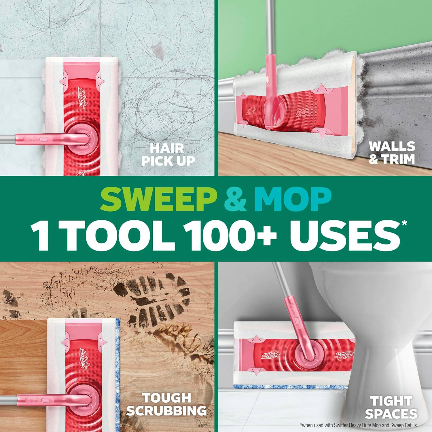 Swiffer Sweep and Mop Deluxe, Limited Edition Pink, 2-In-1 Floor Mopping and Sweeping Kit, Multi-Surface, Includes 1 Sweeper Device, 5 Heavy Duty Dry Sweeping Cloths, 3 Heavy Duty Wet Mopping Cloths image number 2