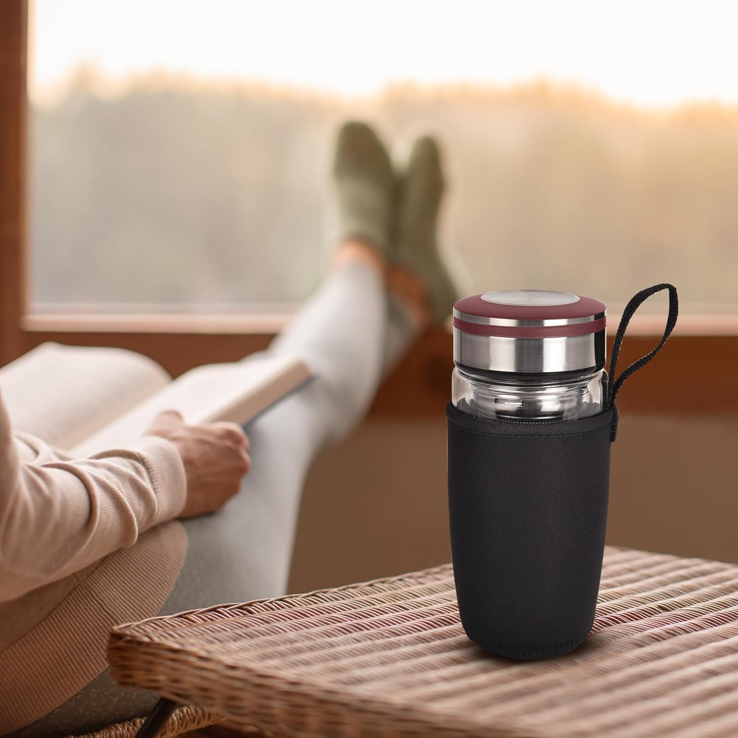 13Oz Double Wall Glass Water Bottle with Tea Infuser, Tea Tumbler with Strainer,Reusable Travel Mug with Neoprene and Stainless Steel Lid - Blue image number 7