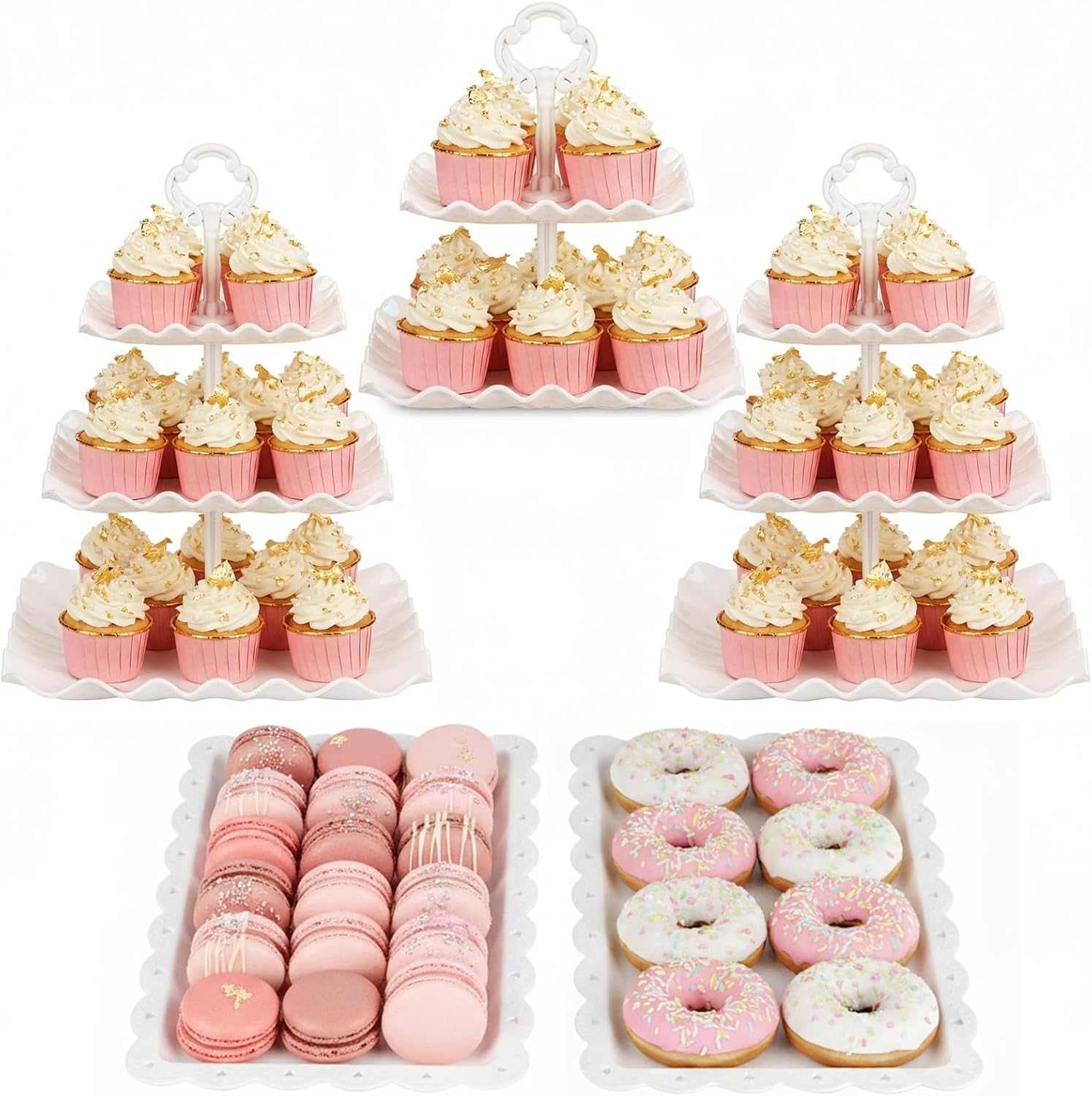 NWK 5 Piece Cake Stand Set with 2Xlarge 3-Tier Cupcake Stands + 3X Appetizer Trays Perfect for Wedding Birthday Baby Shower High Tea Stands Party Suplies（Round image number 4