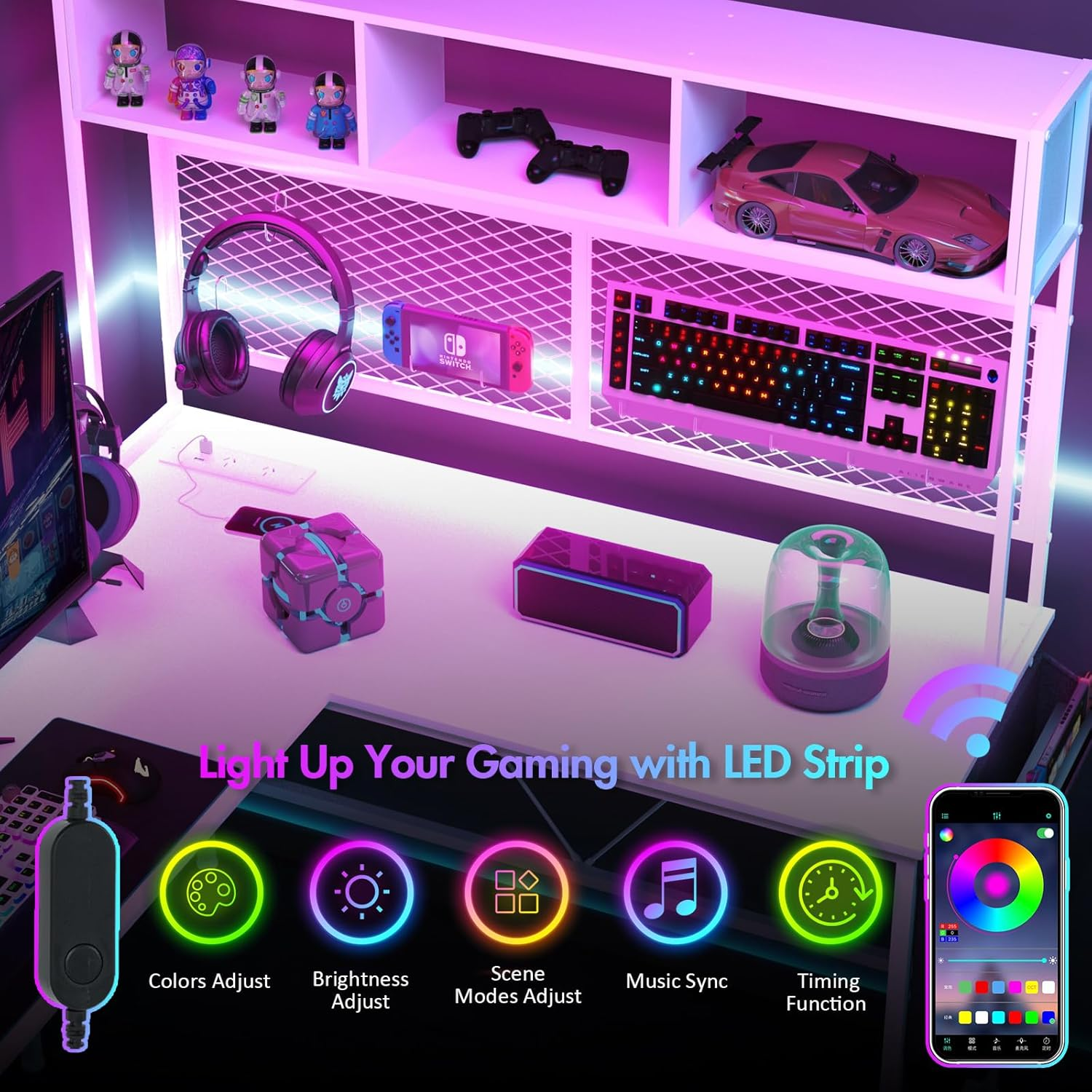 Advwin 170Cm L Shaped Gaming Desk with LED Lights & Power Outlets Reversible Computer Desk with Storage Shelf Corner Desk 2 Person Gaming Table with Pegboard and Storage Shelves White - White image number 2